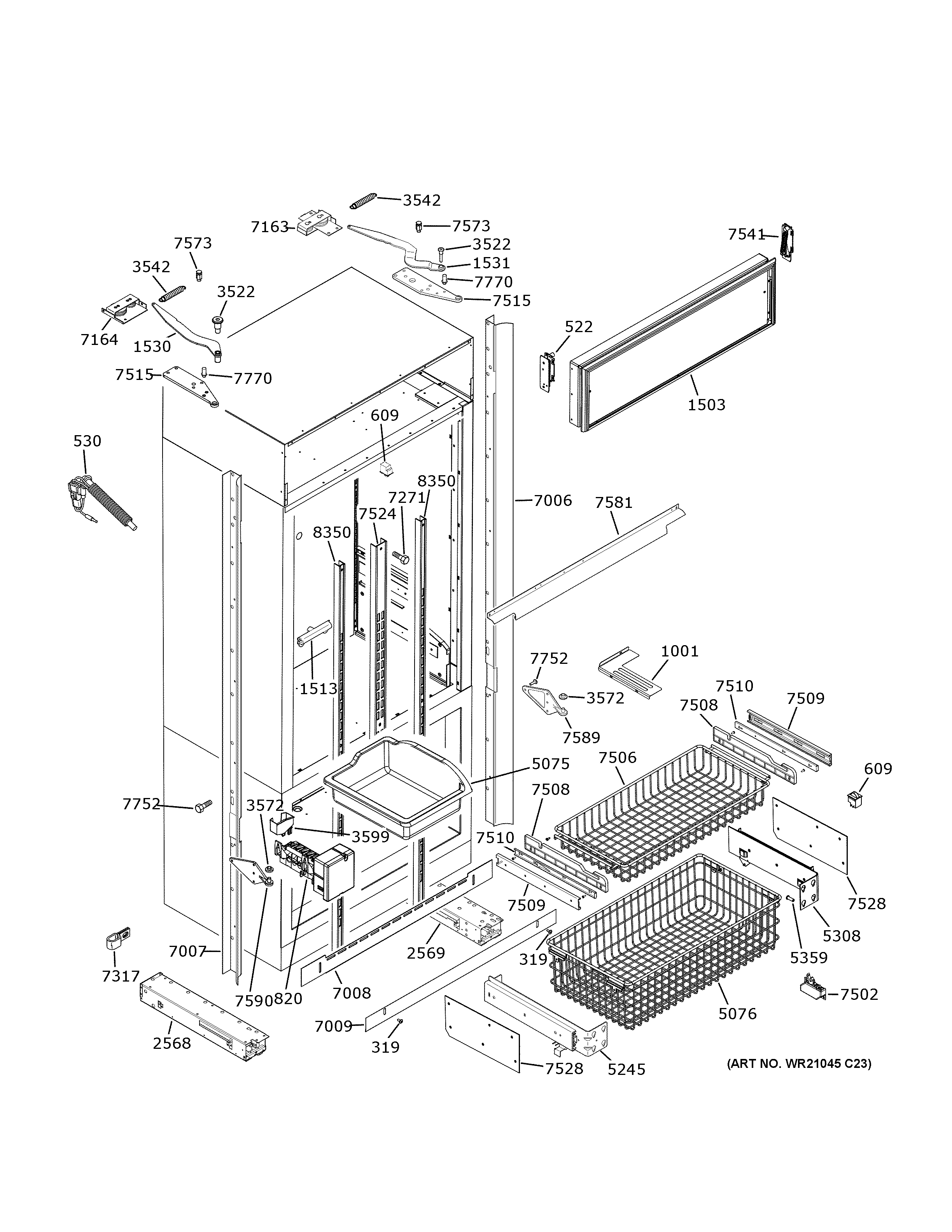 GE ZIP360NNG freezer section, trim & components diagram