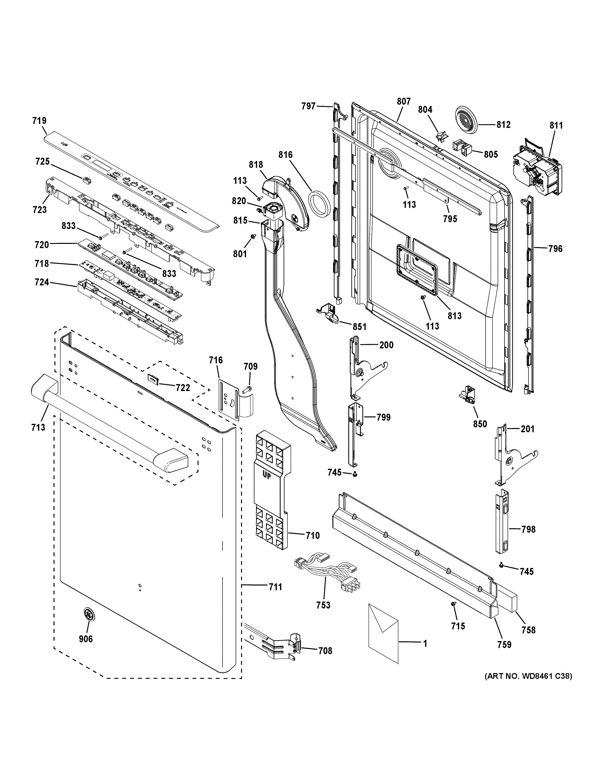 GE CDT765SSF0SS escutcheon & door assembly diagram
