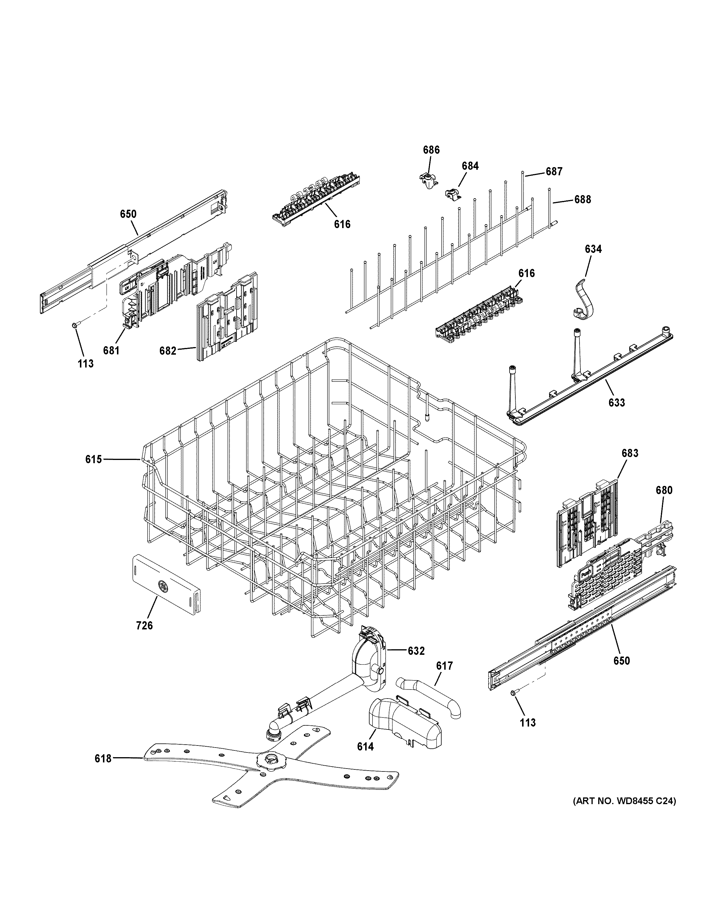 GE CDT866P3M4D1 upper rack assembly diagram