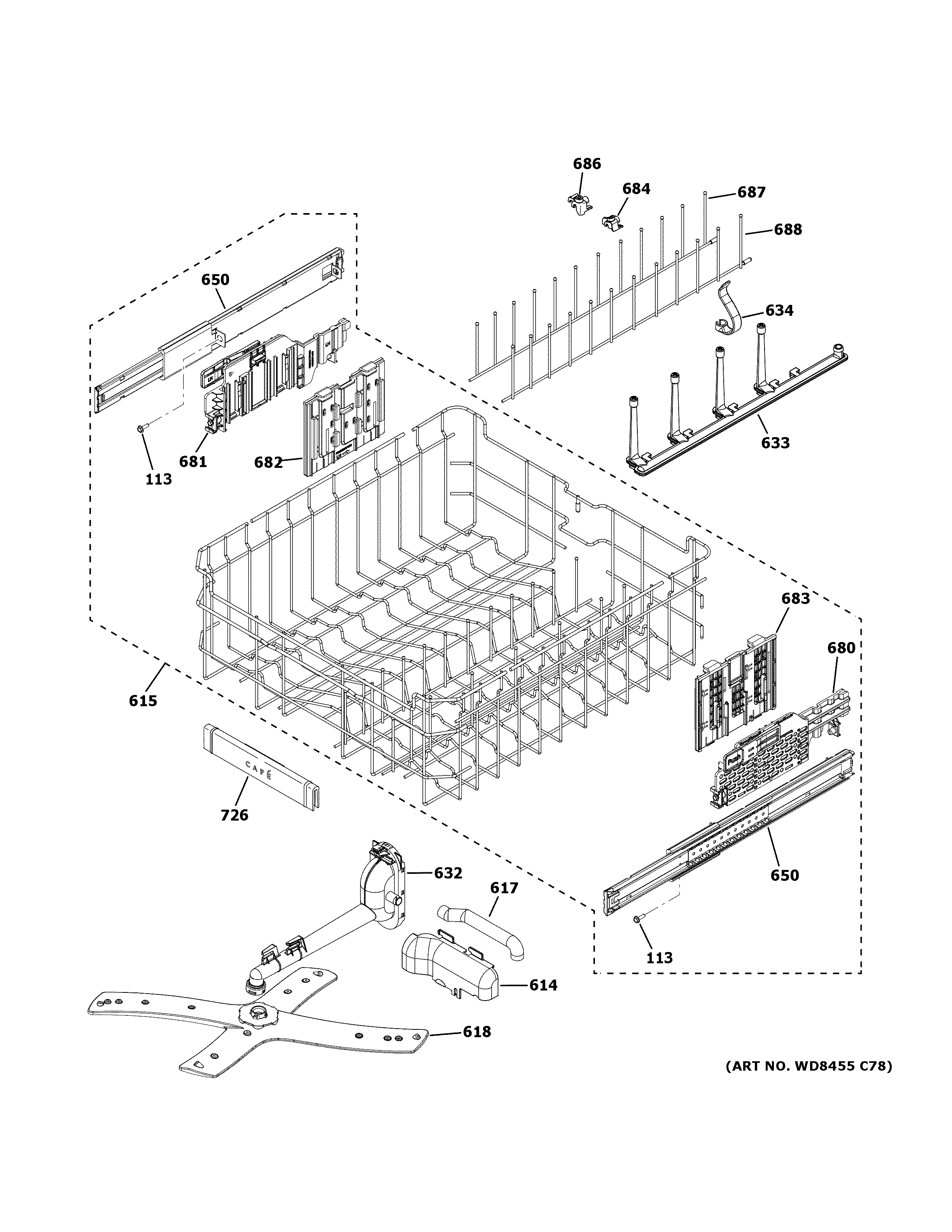 GE CDT845P4N0W2 upper rack assembly diagram