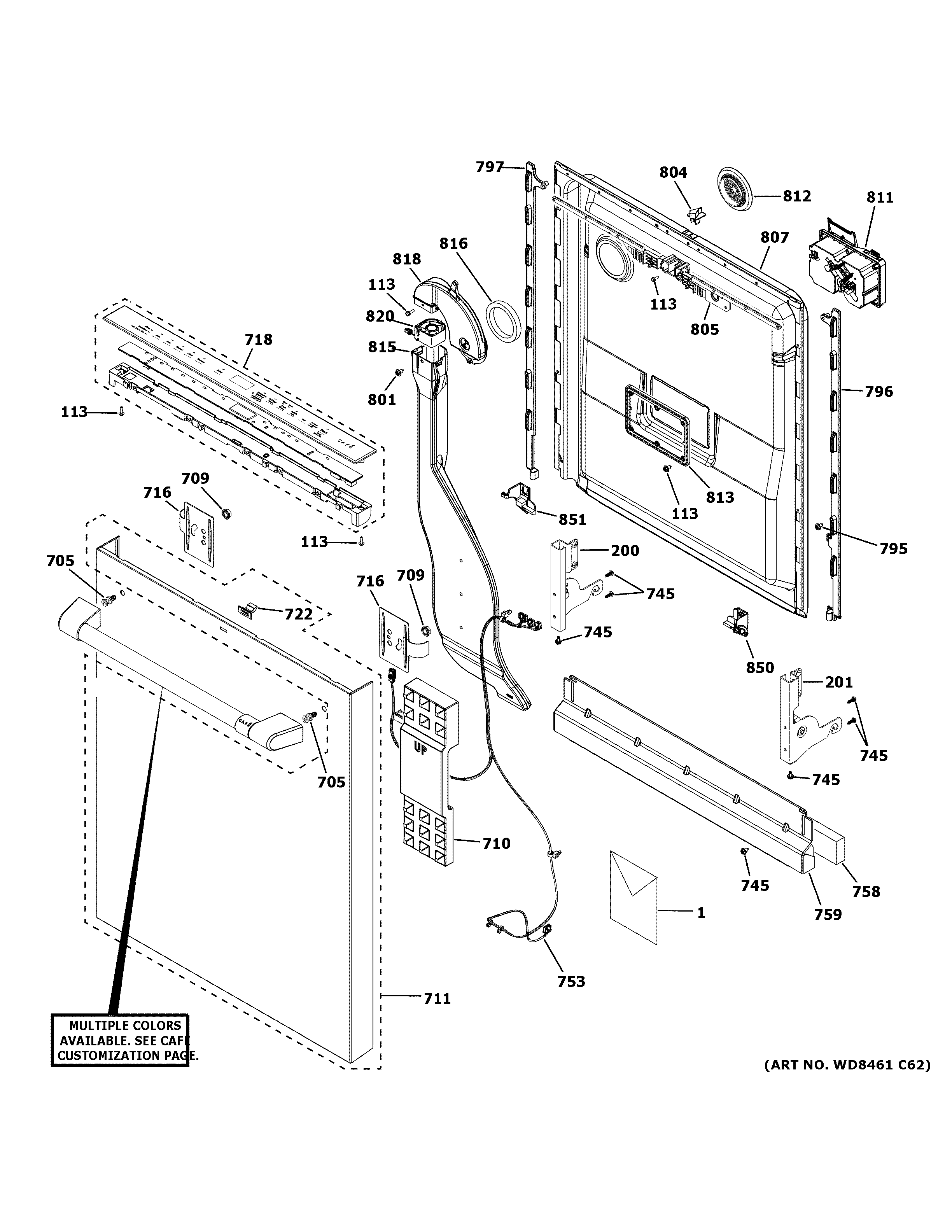 GE CDT845P3N0D1 escutcheon & door assembly diagram