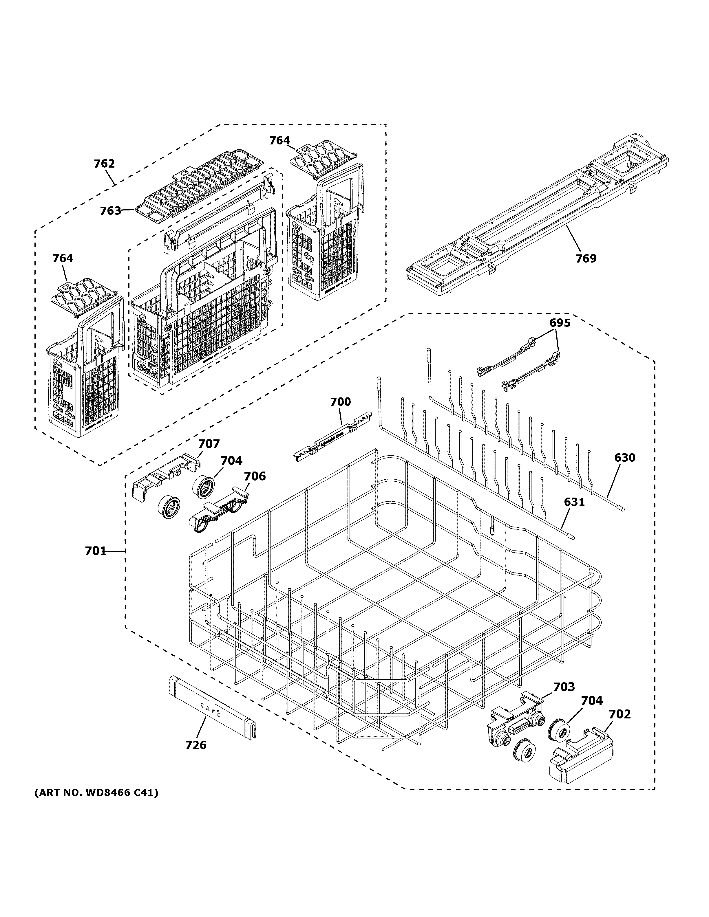 GE CDT855P2N0S1 lower rack assembly diagram