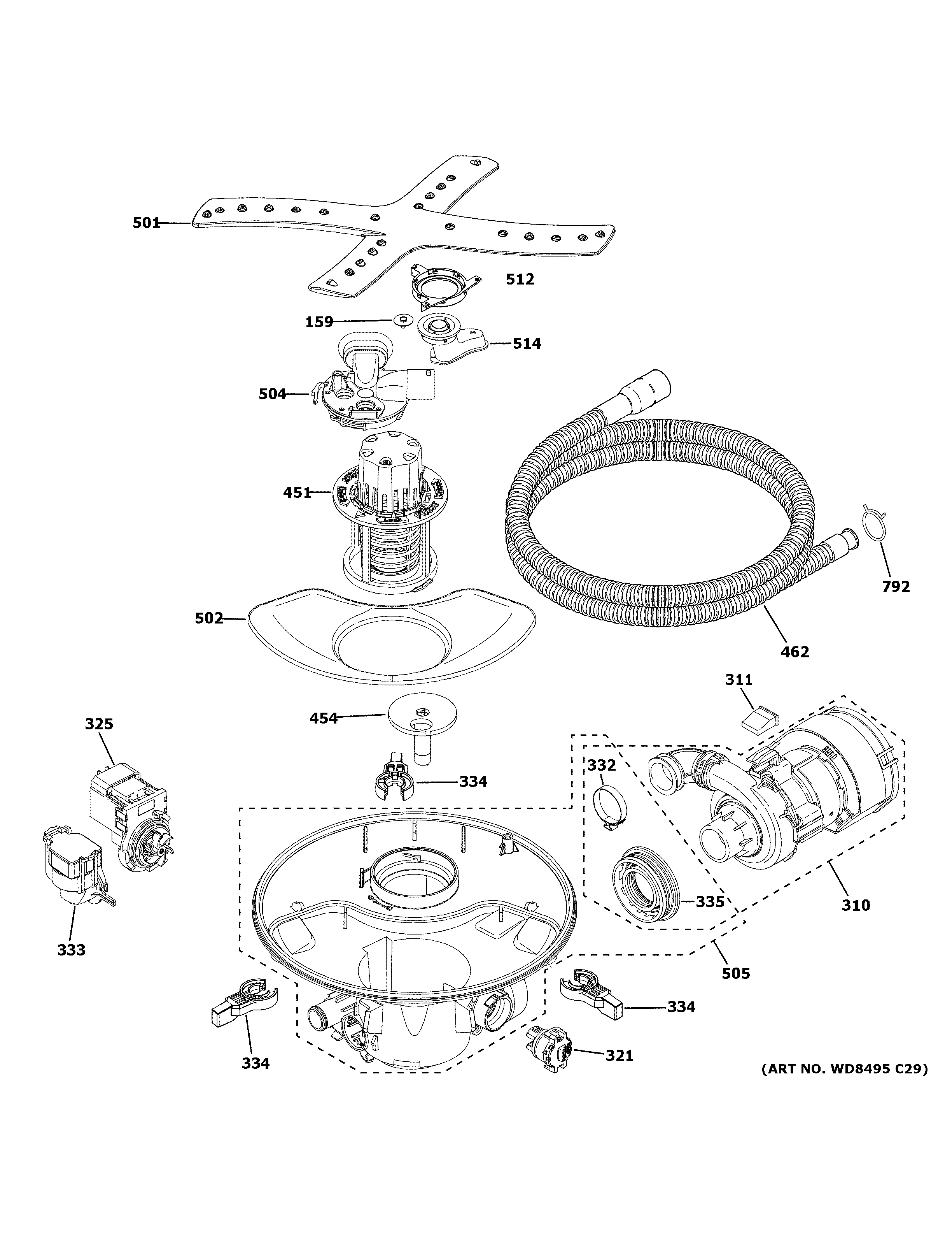 GE CDT845P4N3W2 motor, sump & filter assembly diagram