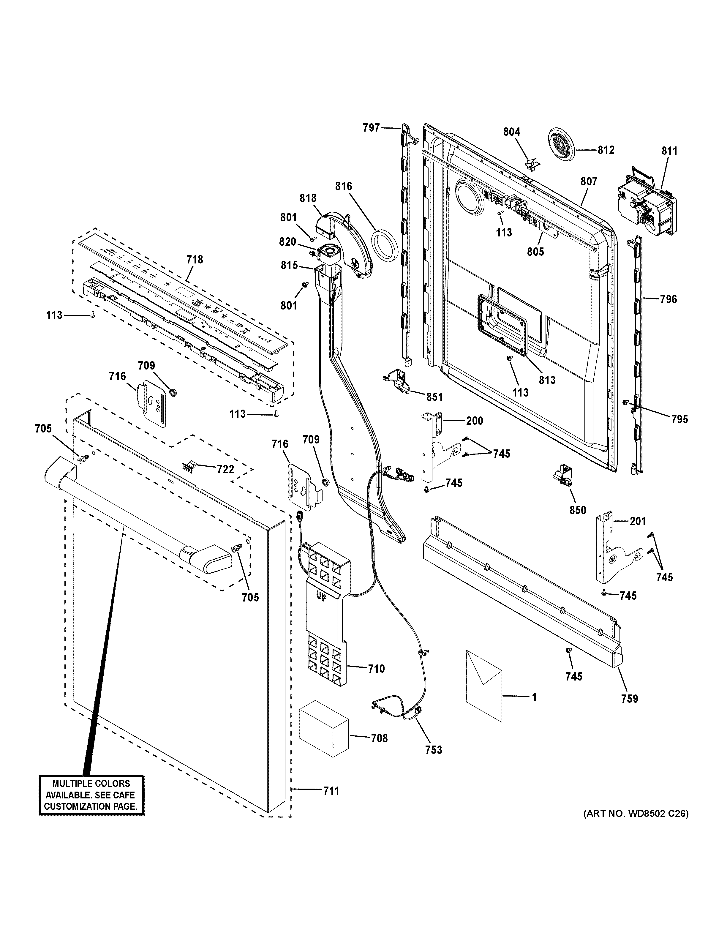 GE CDT845P4N8W2 escutcheon & door assembly diagram