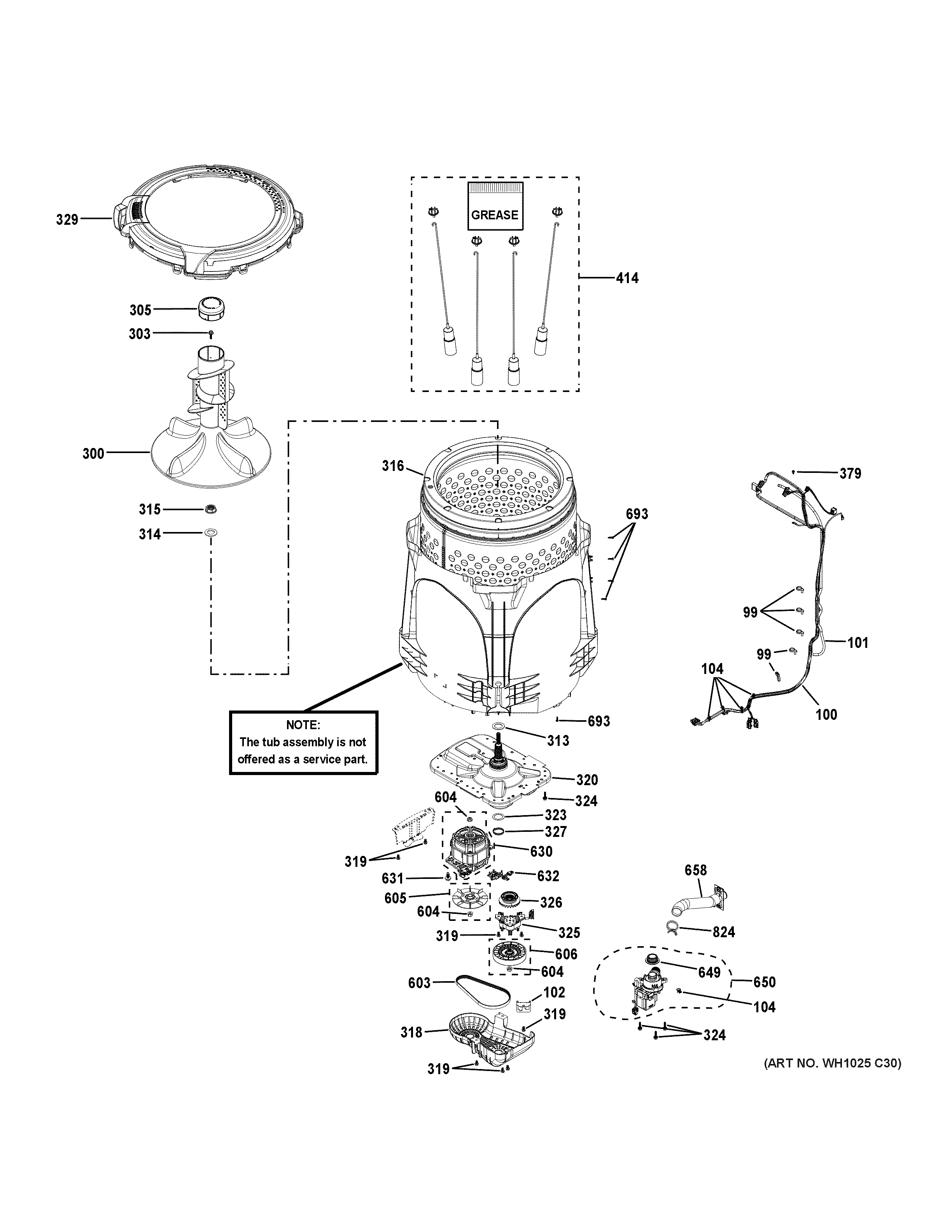 GE GTW330ASK0WW tub & motor diagram