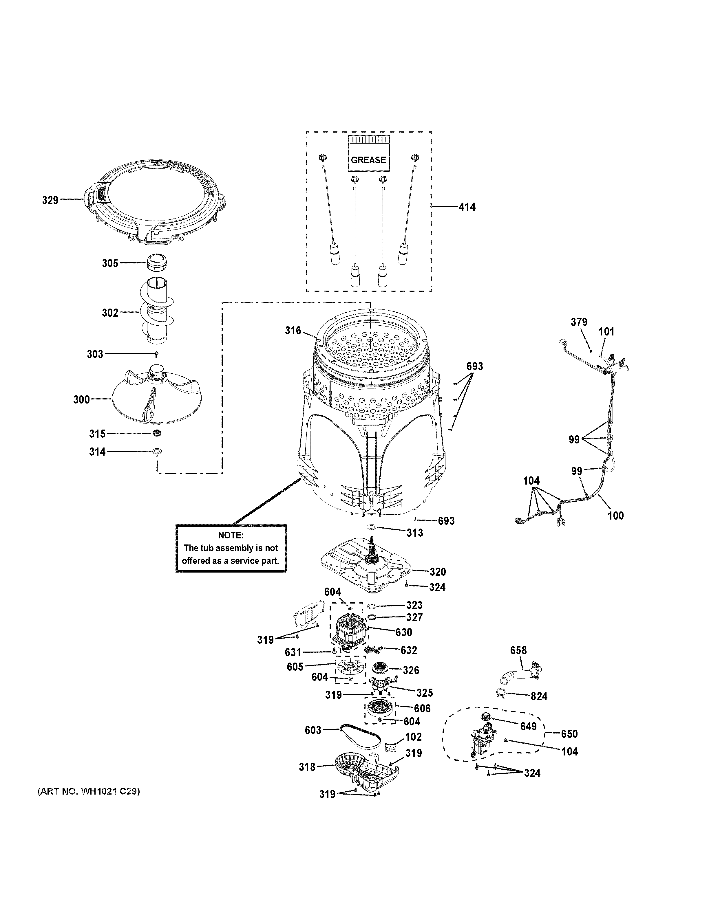 GE GTW460ASJ3WW tub & motor diagram