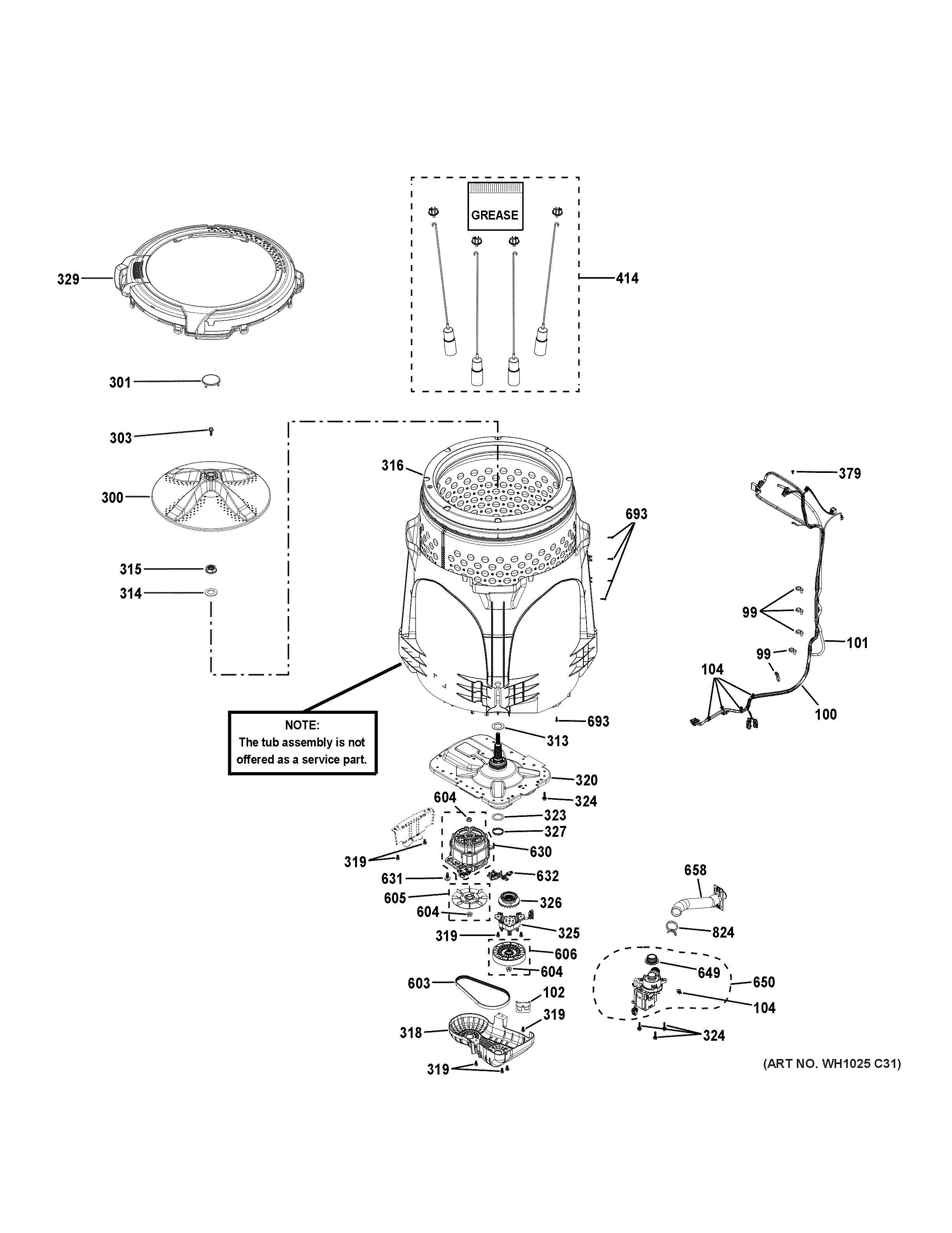 GE GTW500ASN4WS tub & motor diagram
