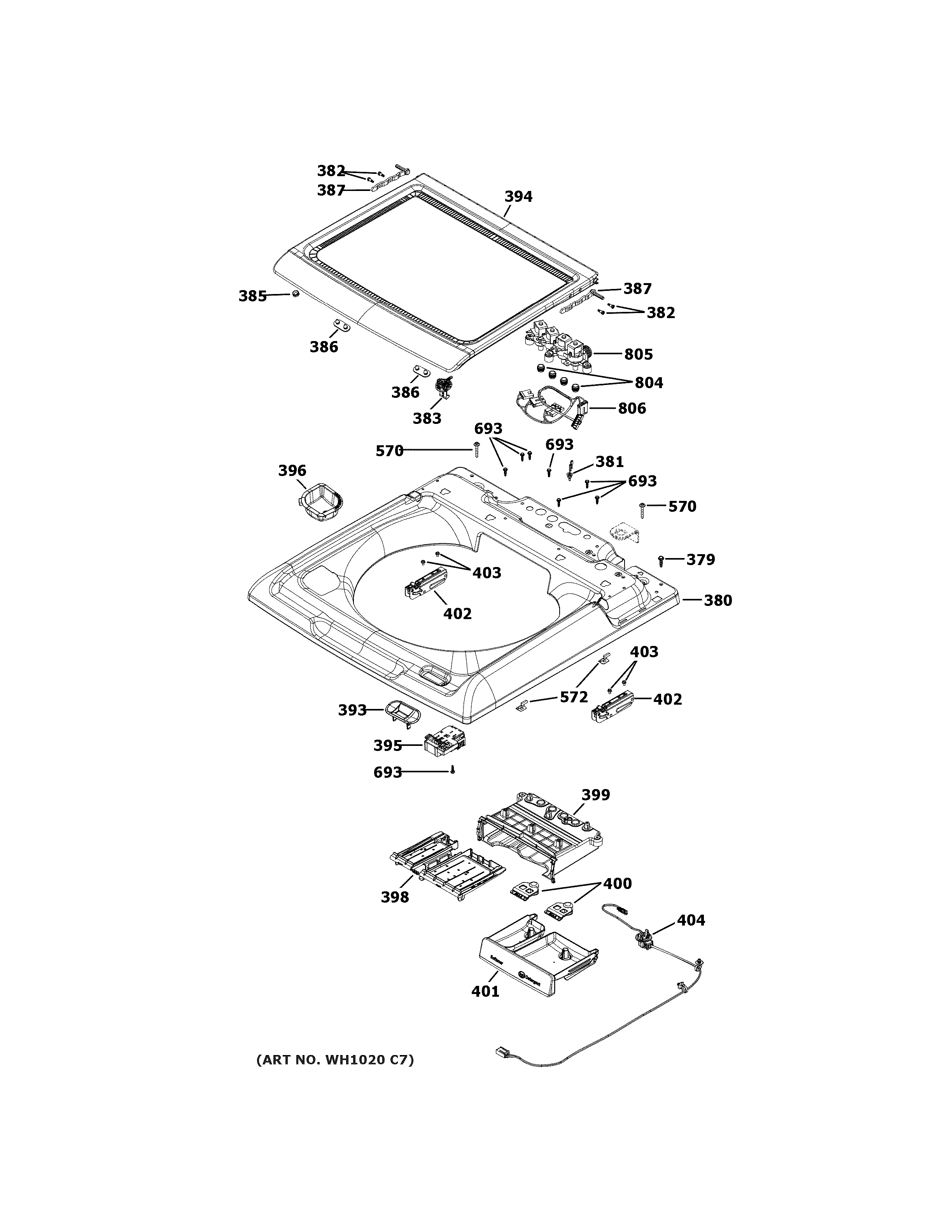 GE GTW680BPL0DG top panel & lid diagram