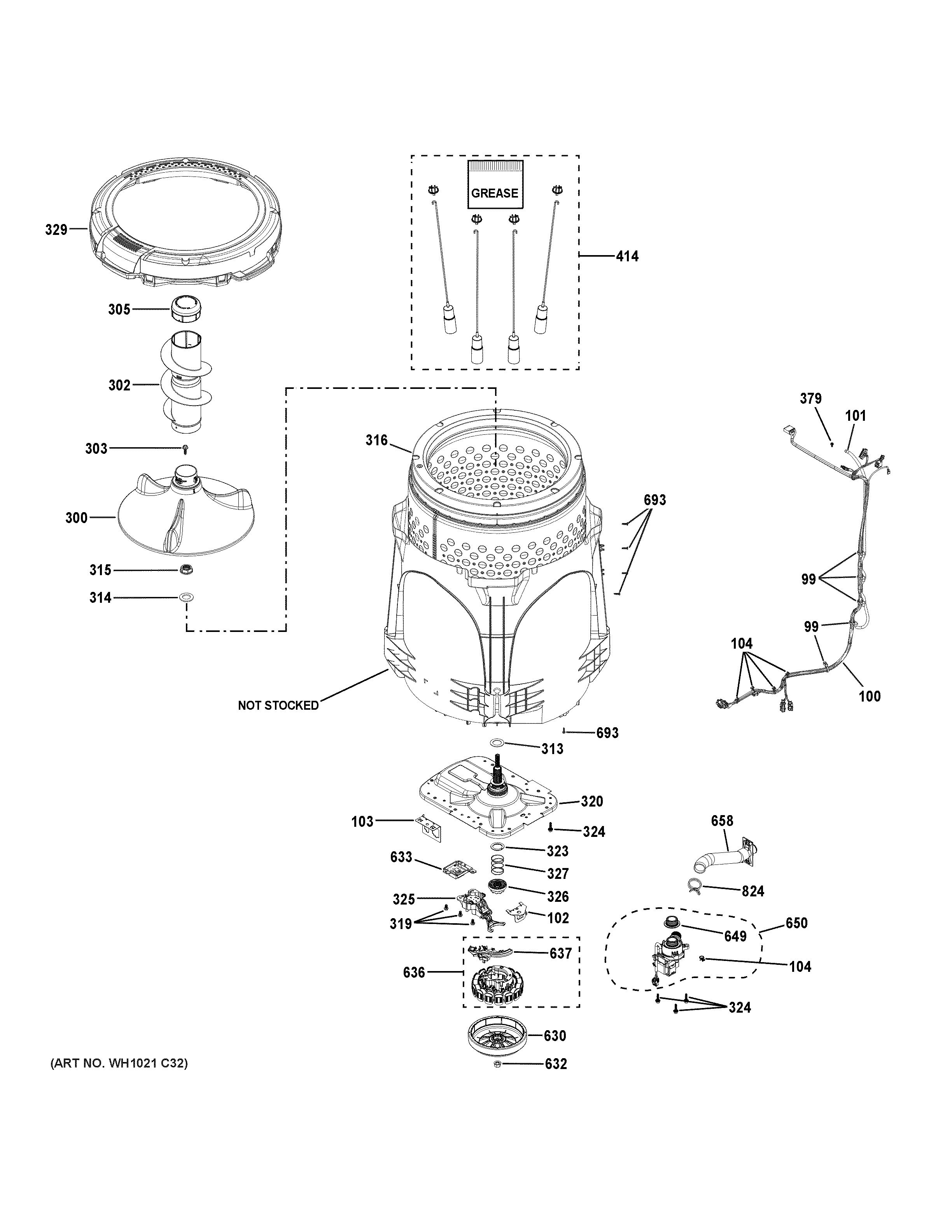 GE GTW845CSN1WS tub & motor diagram