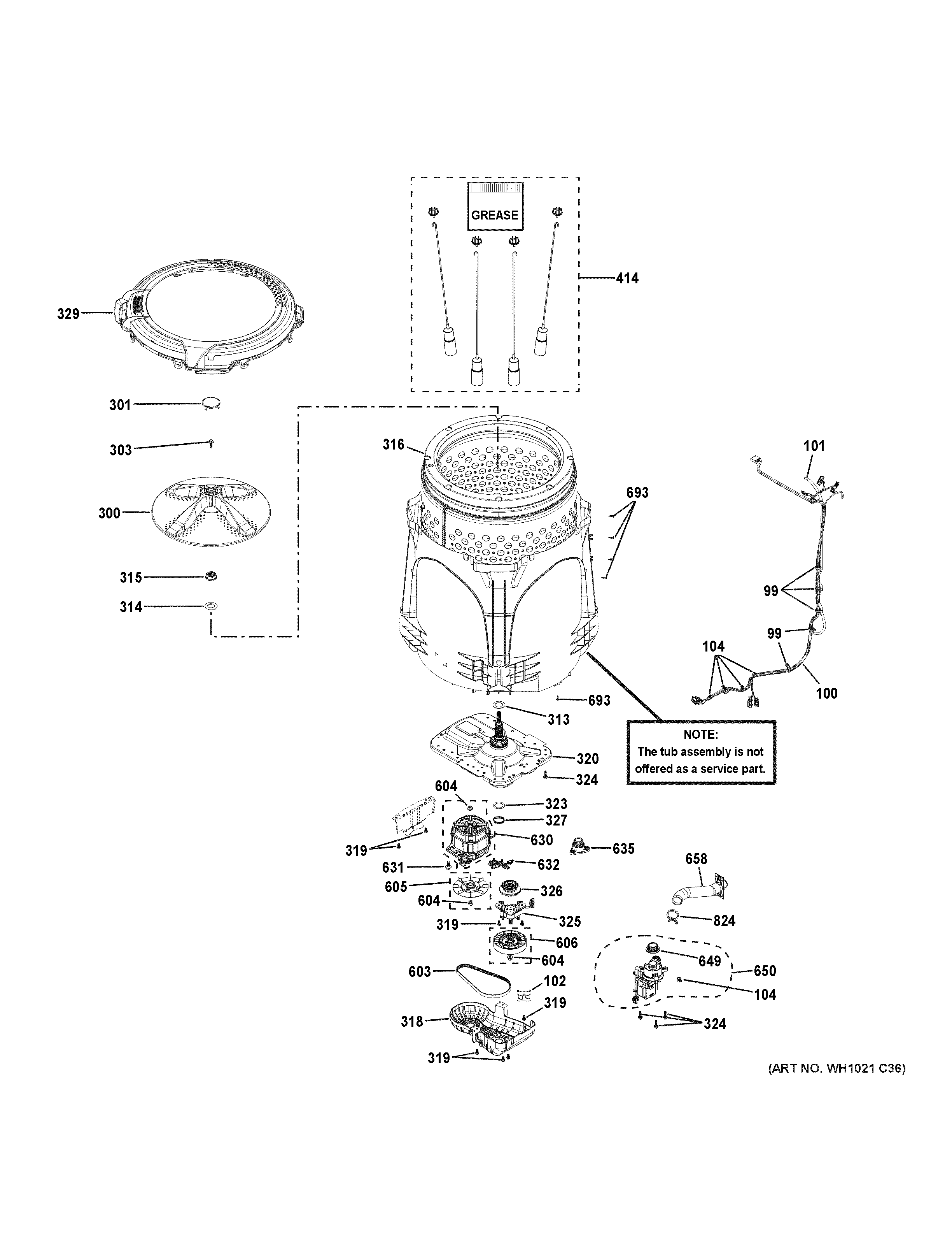 GE PTW600BSR0WS tub & motor diagram