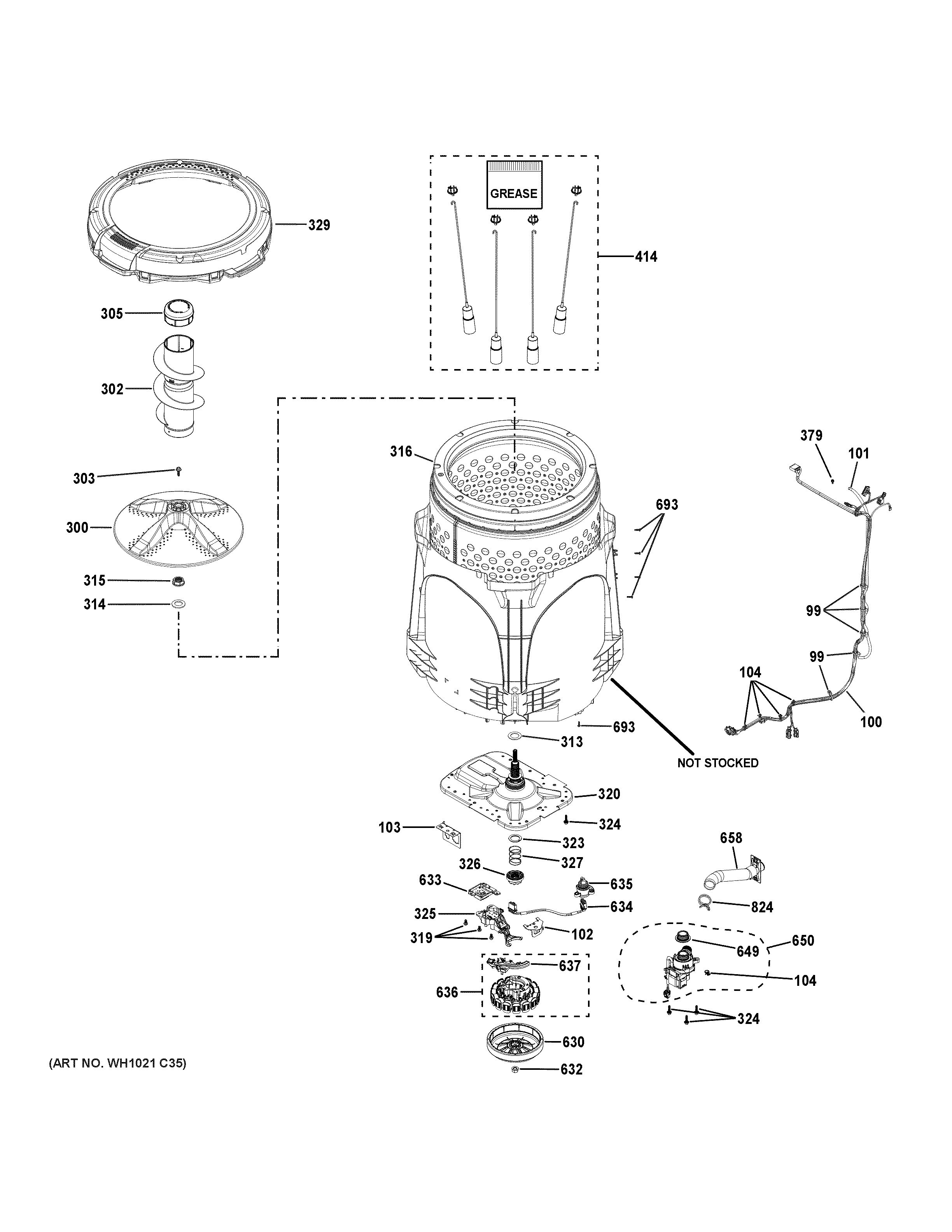 GE PTW705BPT0DG tub & motor diagram
