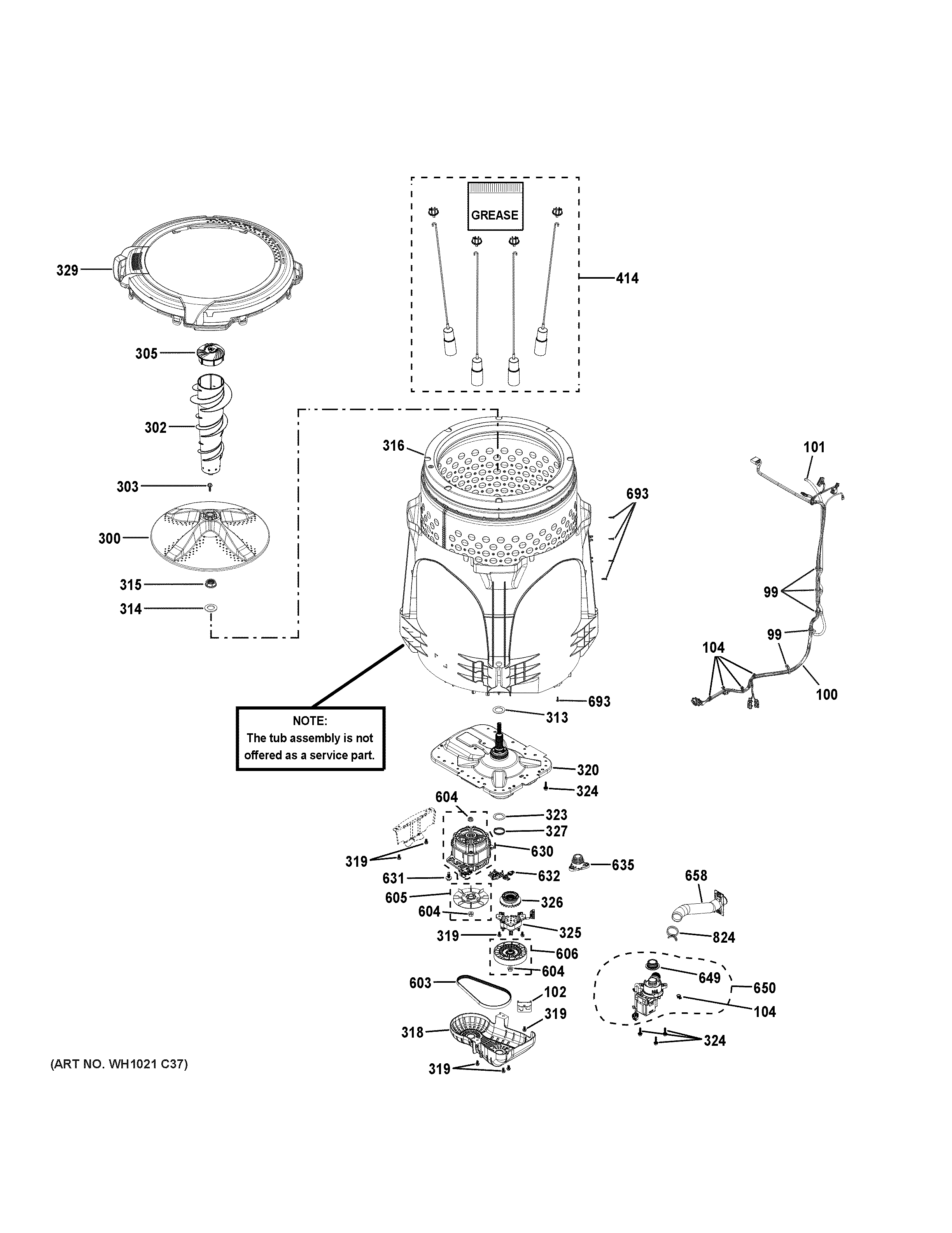 GE PTW605BSR1WS tub & motor diagram