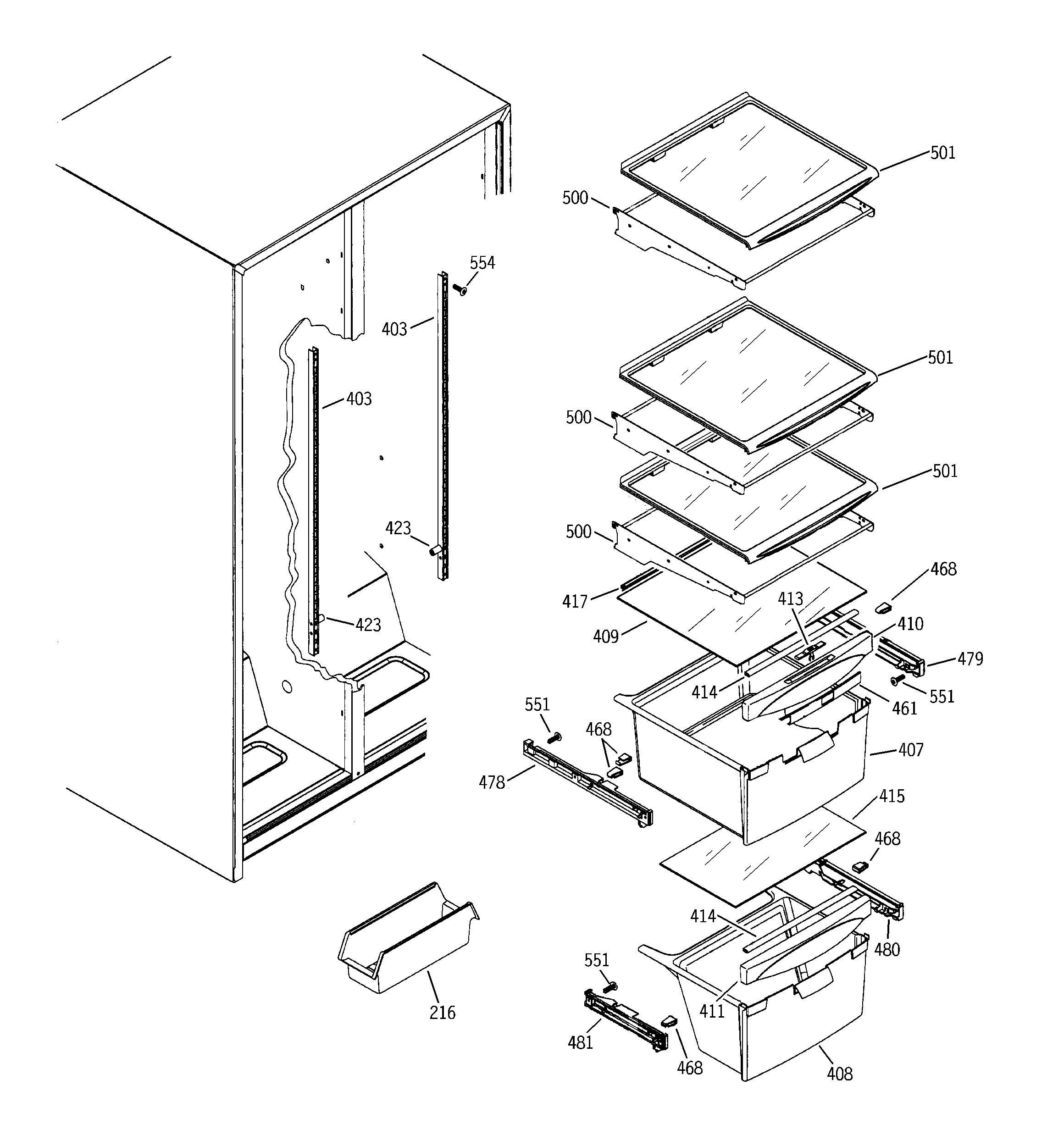 GE DSS25JFPECC fresh food shelves diagram