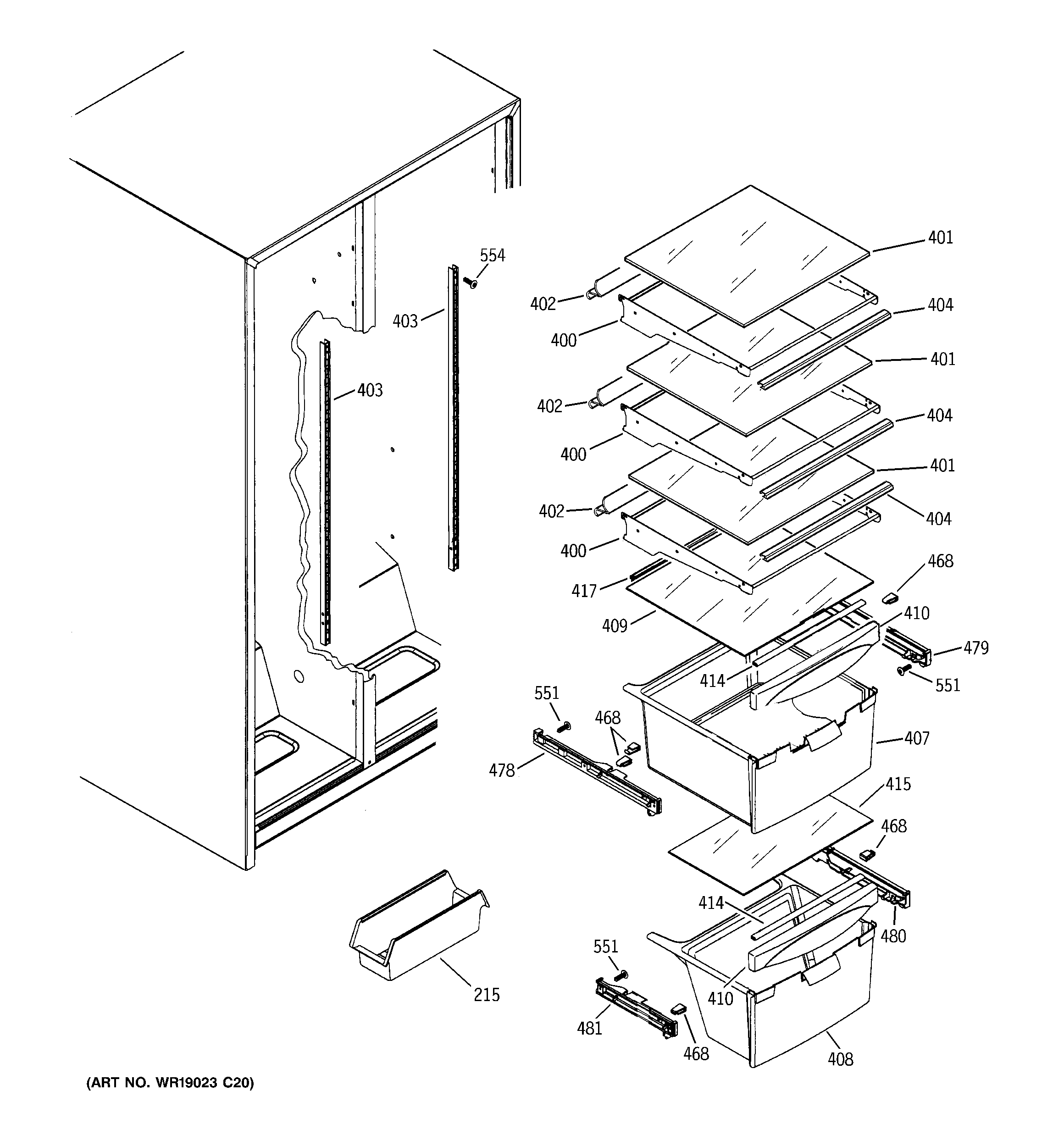 GE GSS20IBPCWW fresh food shelves diagram