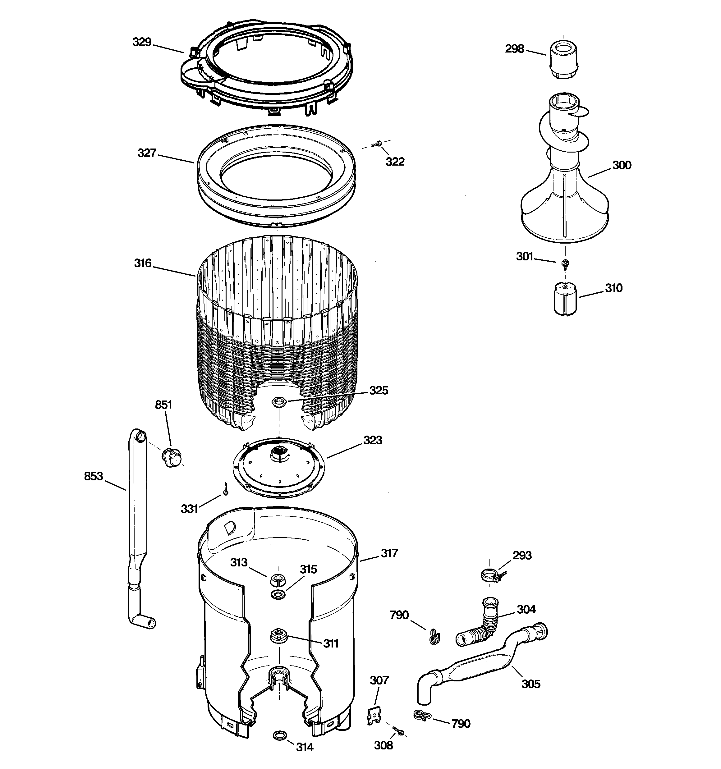 GE WBSE6210B5WW tub, basket & agitator diagram