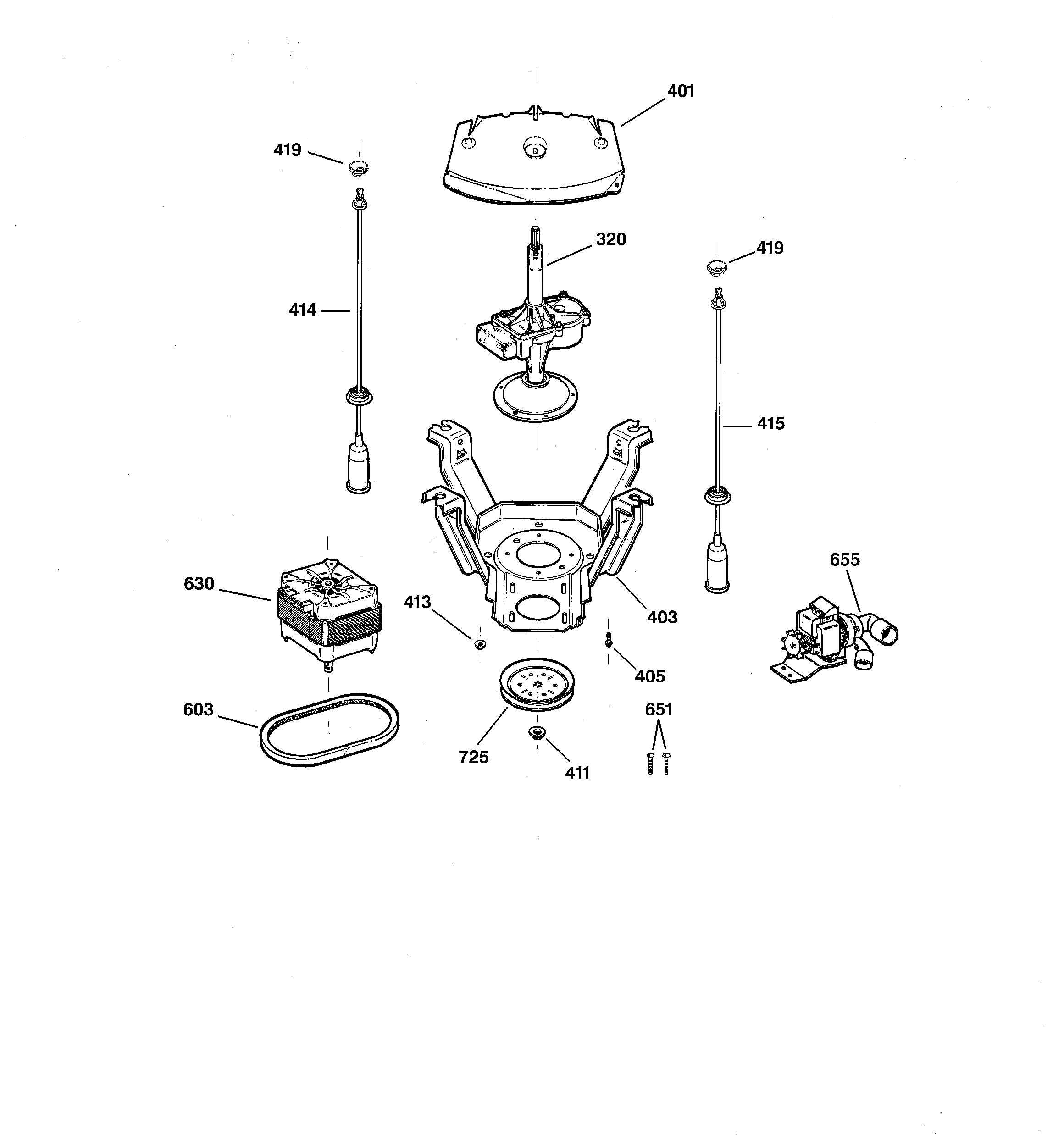 GE WBSE6210B5WW suspension, pump & drive components diagram