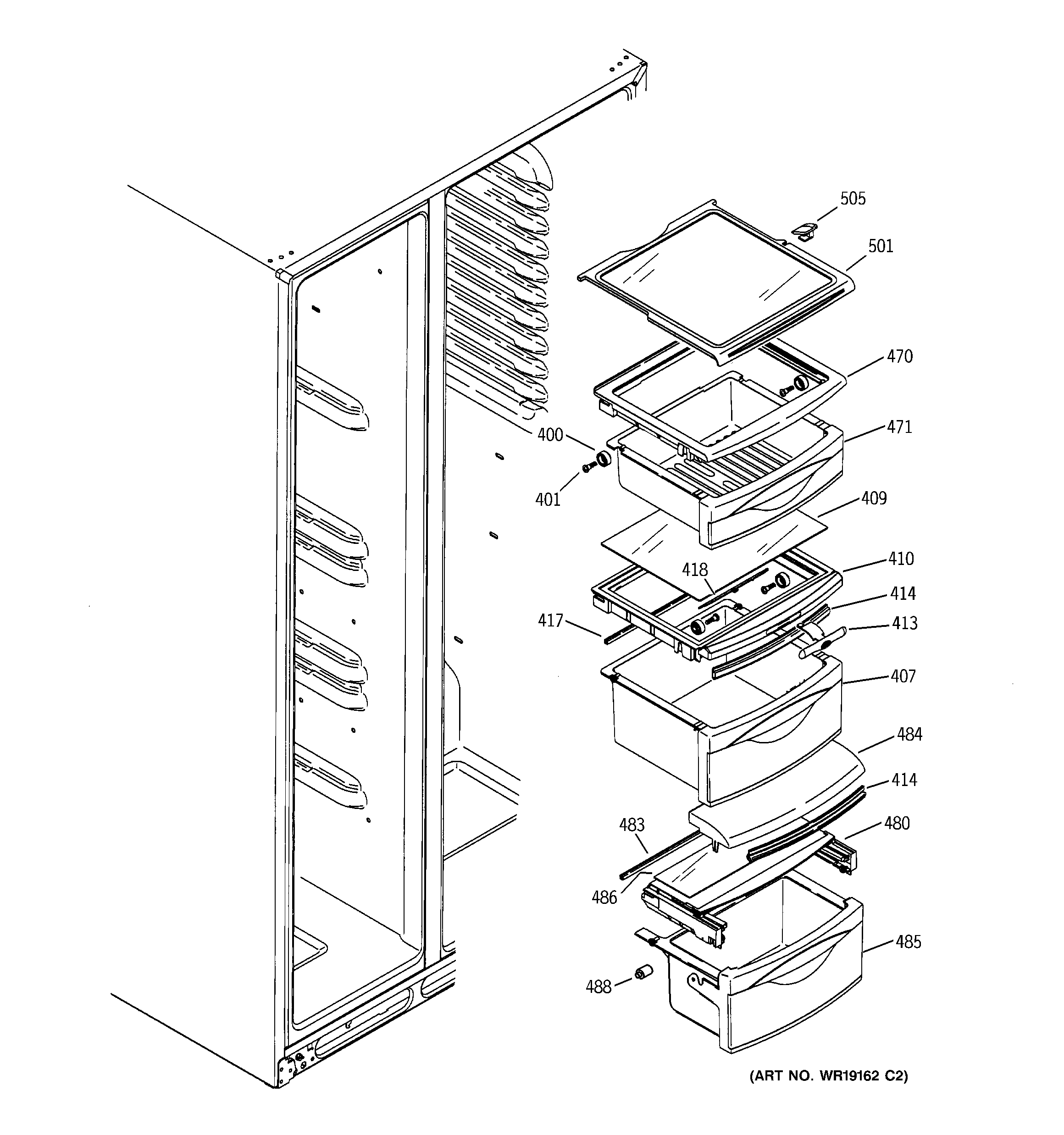 GE GSS25XSQASS fresh food shelves diagram