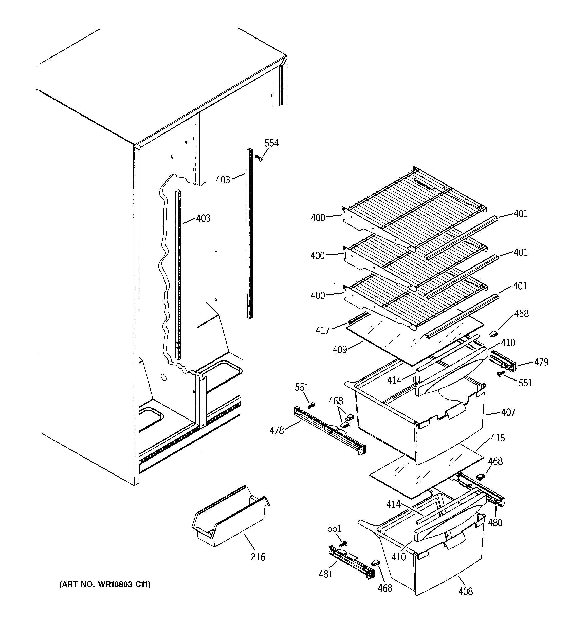 GE GST20DBPCWW fresh food shelves diagram