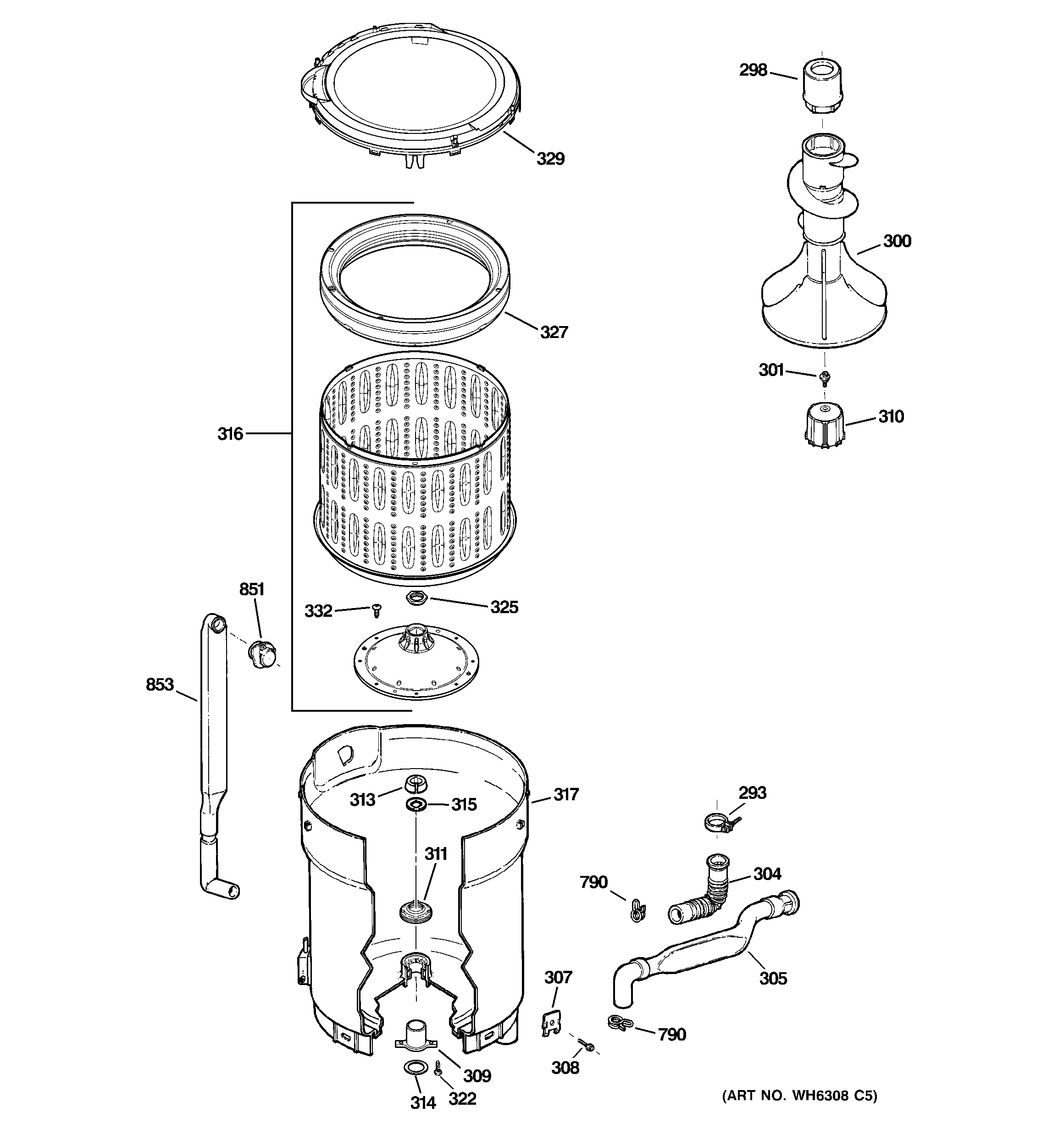 GE WPRB9110D0WW tub, basket & agitator diagram