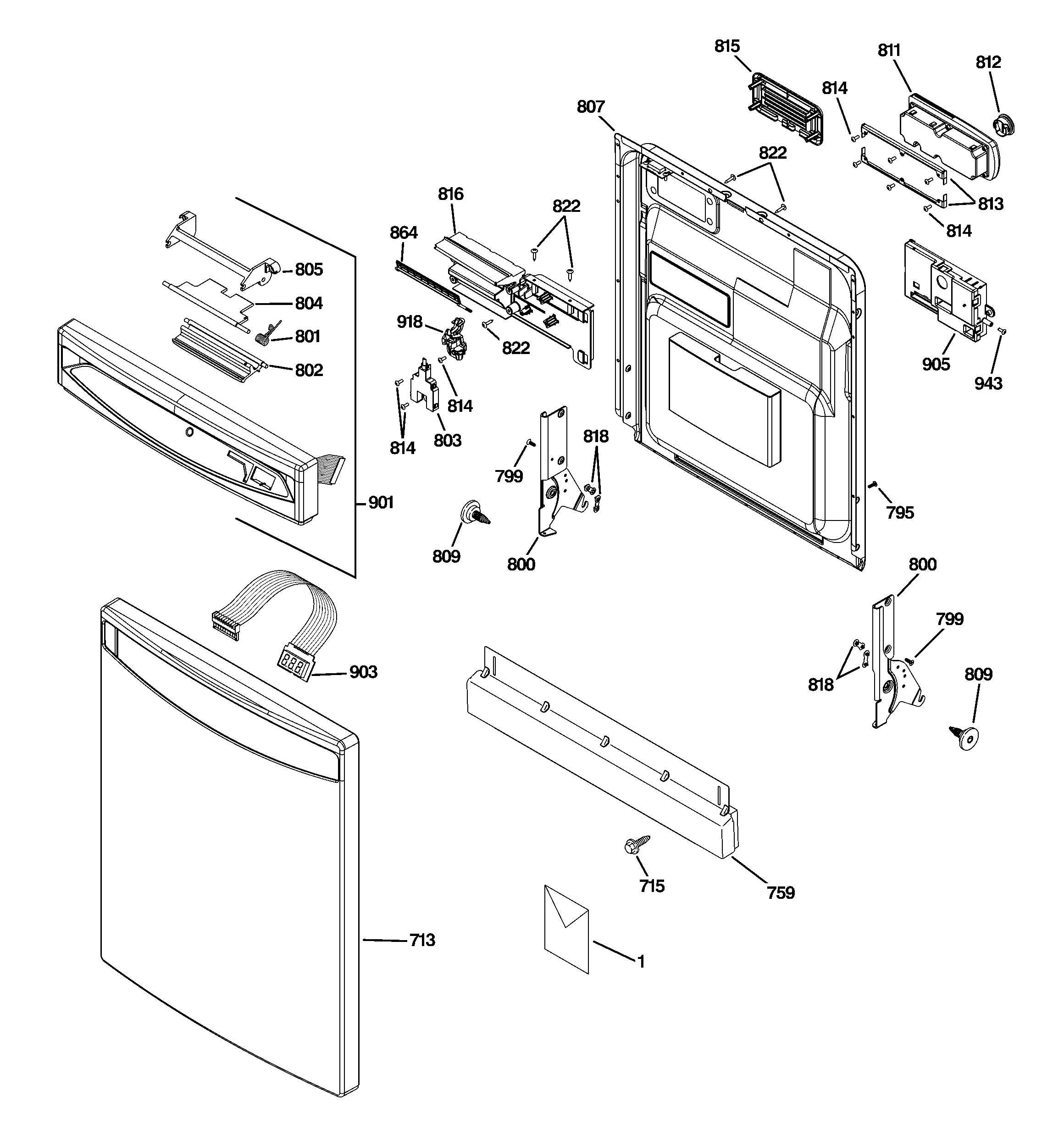 GE PDW8400J00WW escutcheon & door assembly diagram