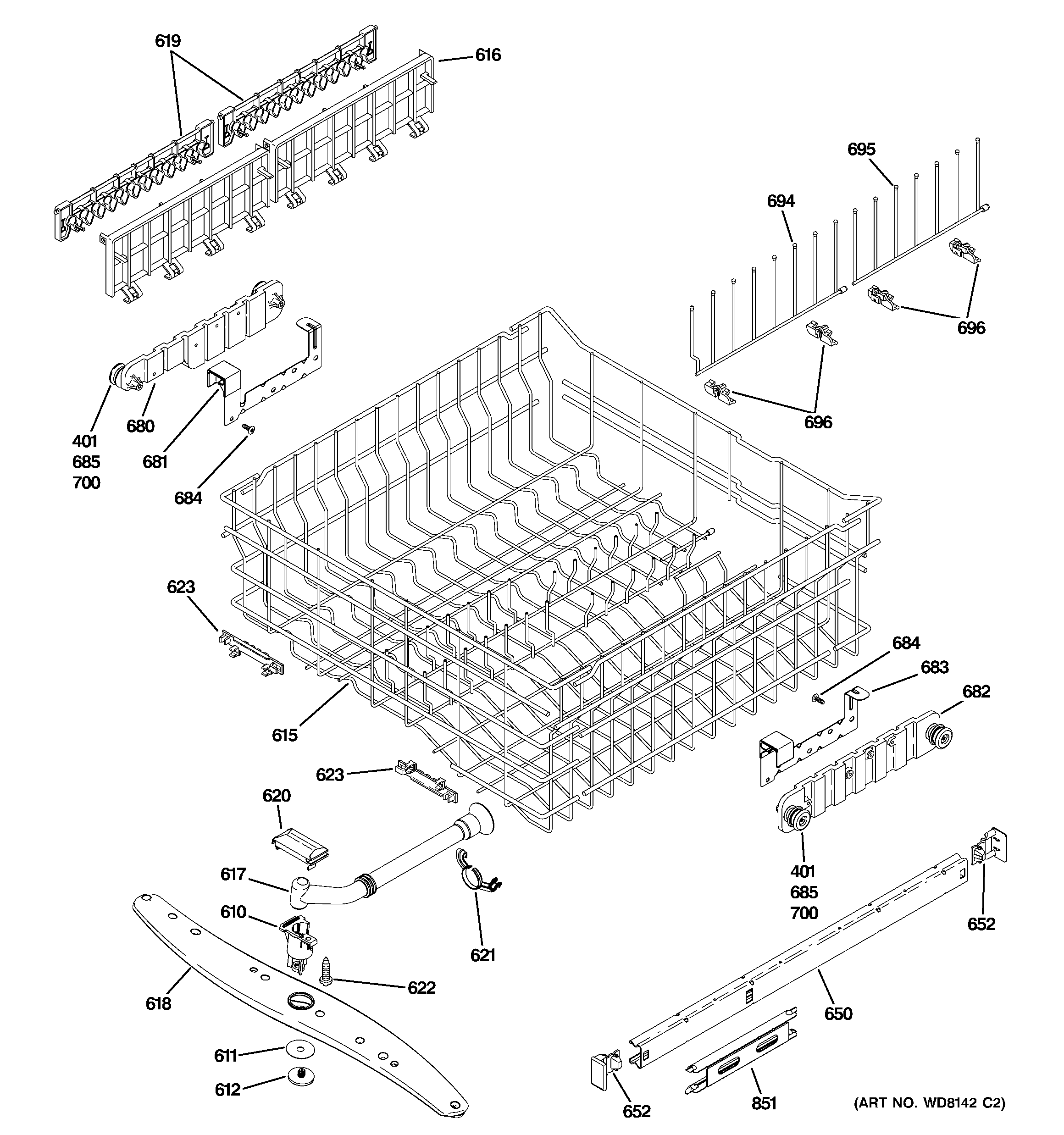 GE PDW8400J00WW upper rack assembly diagram