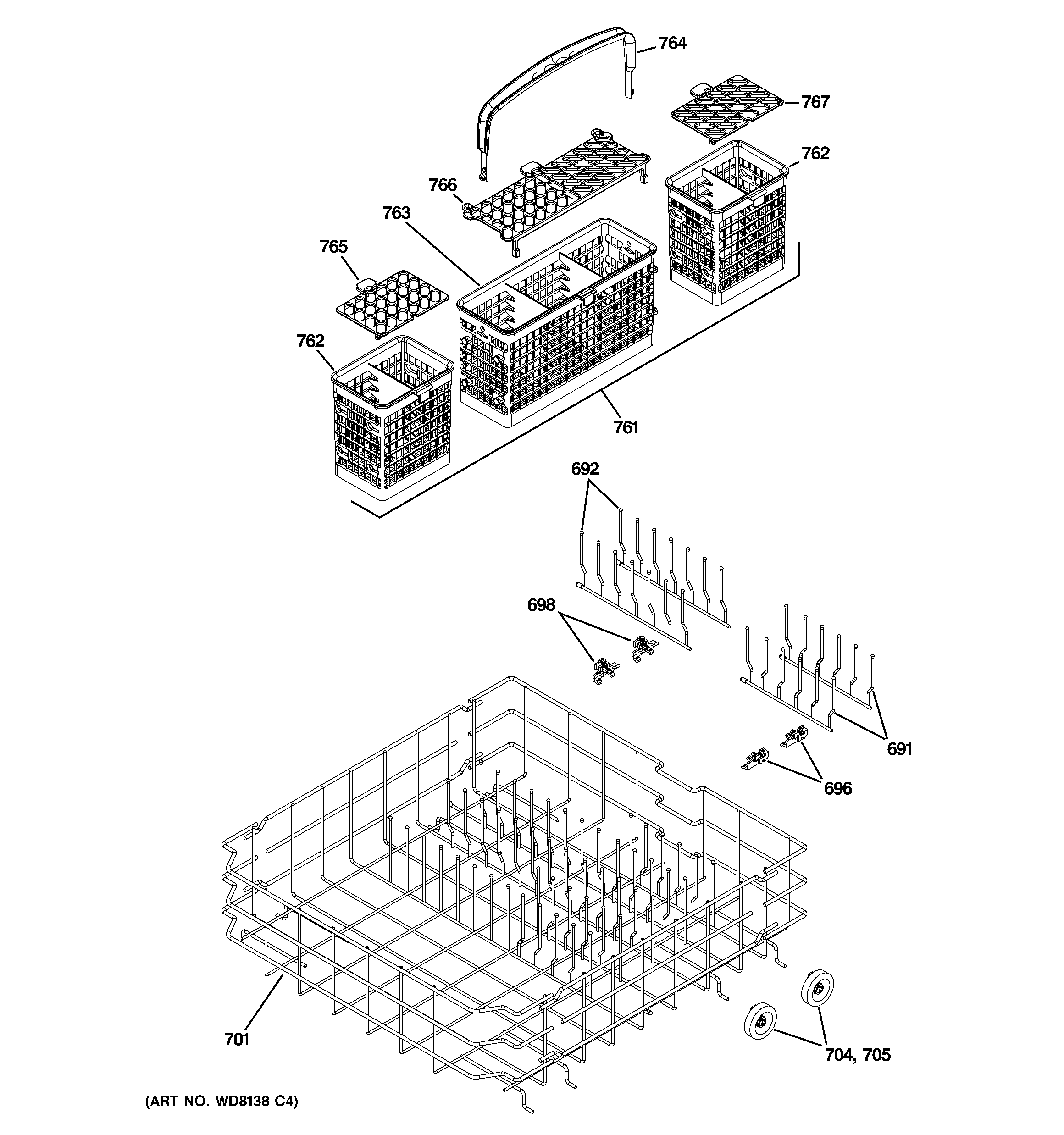 GE PDW8400J00WW lower rack assembly diagram