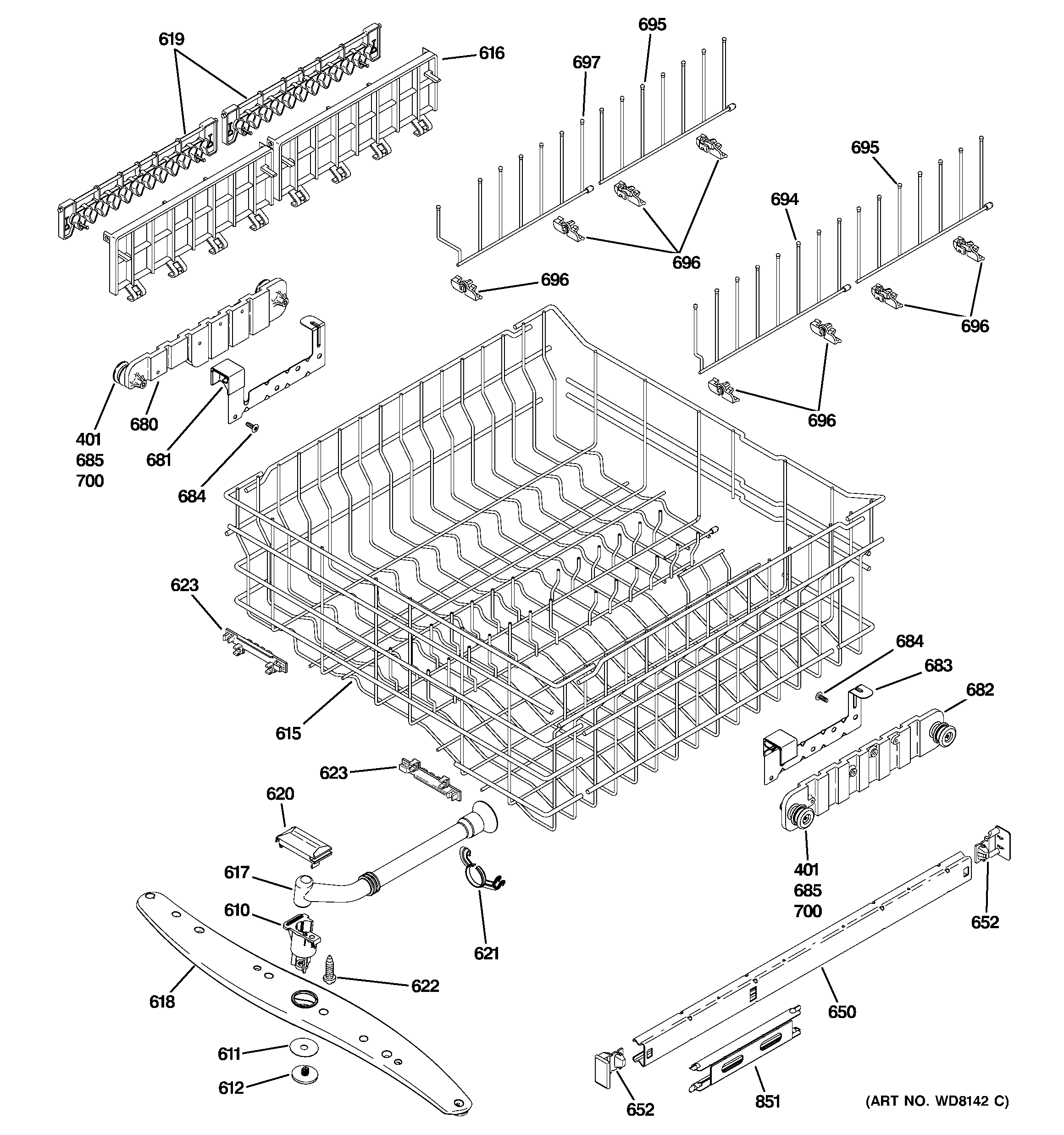 GE PDW8600J00CC upper rack assembly diagram