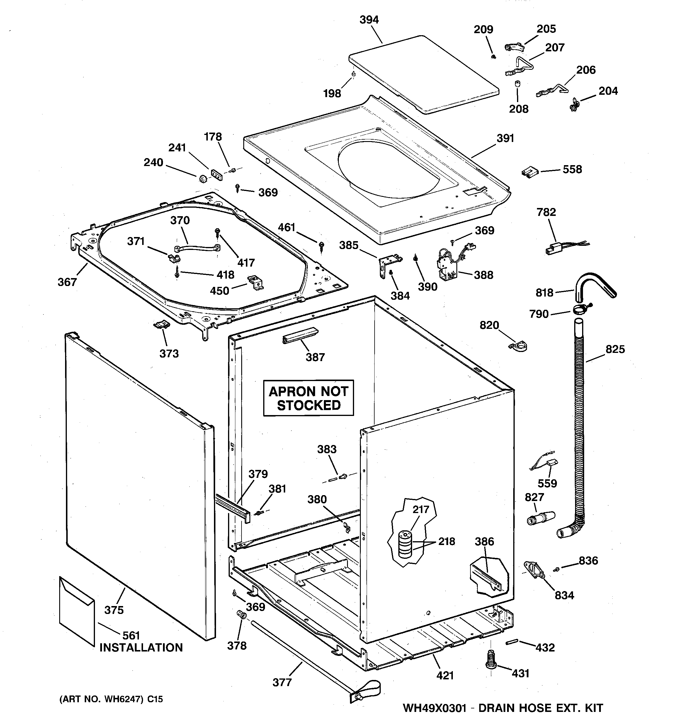 GE WCRD2050D0WC cabinet, cover & front panel diagram