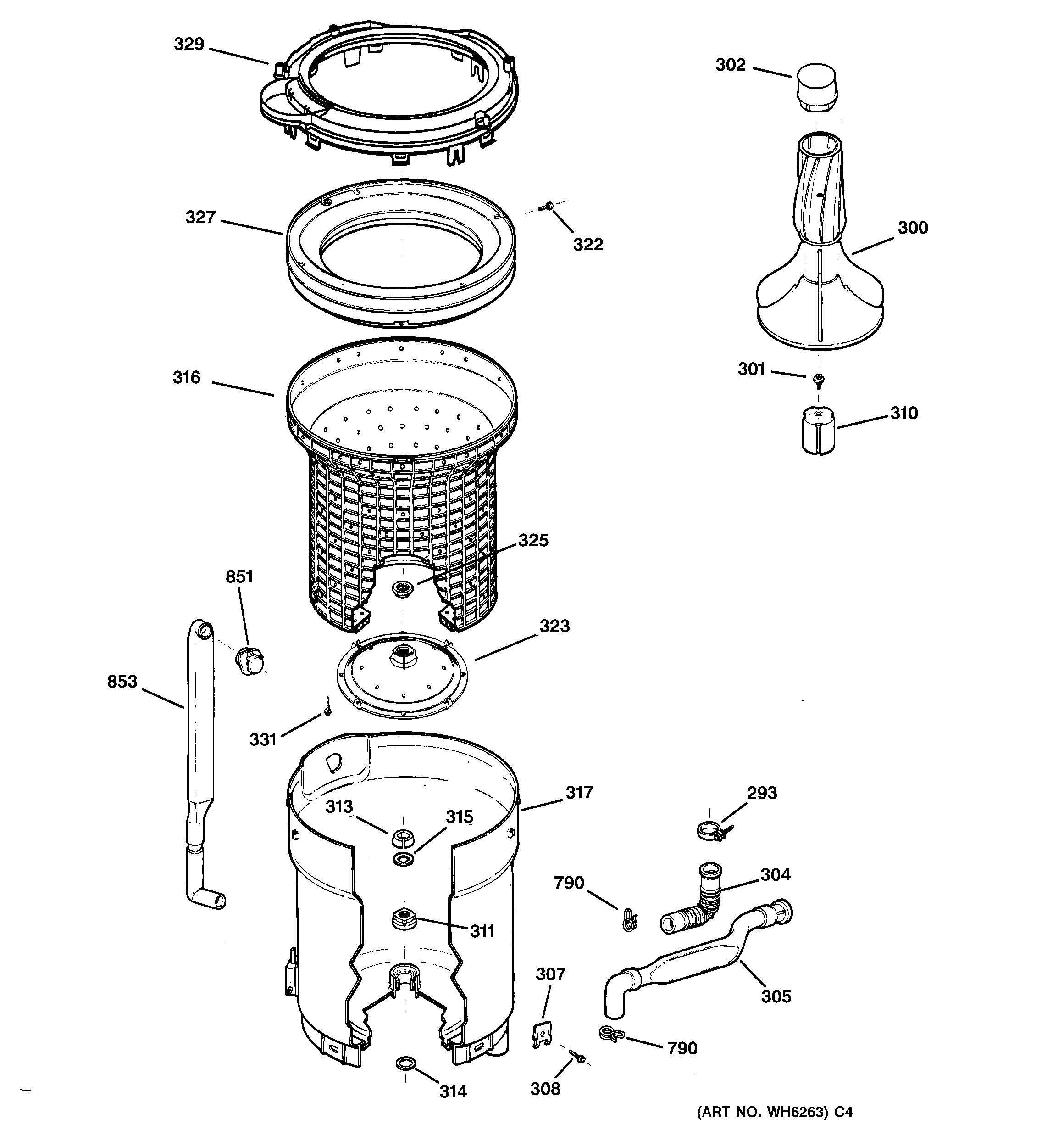 GE WCSR2080B4CC tub, basket & agitator diagram