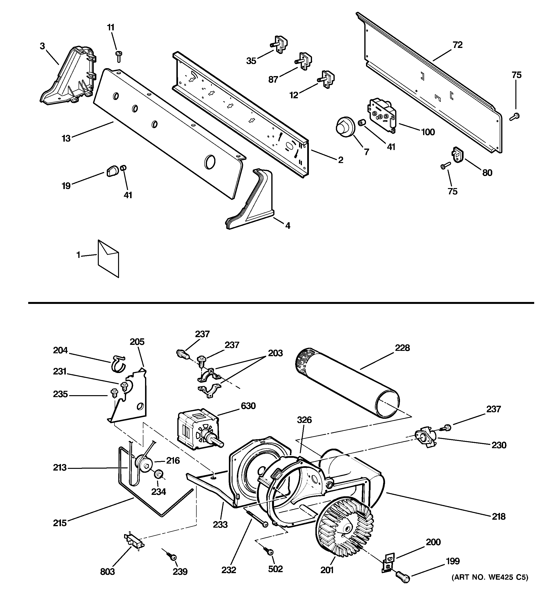 GE DHDSR46EE0WW backsplash, blower & motor assembly diagram