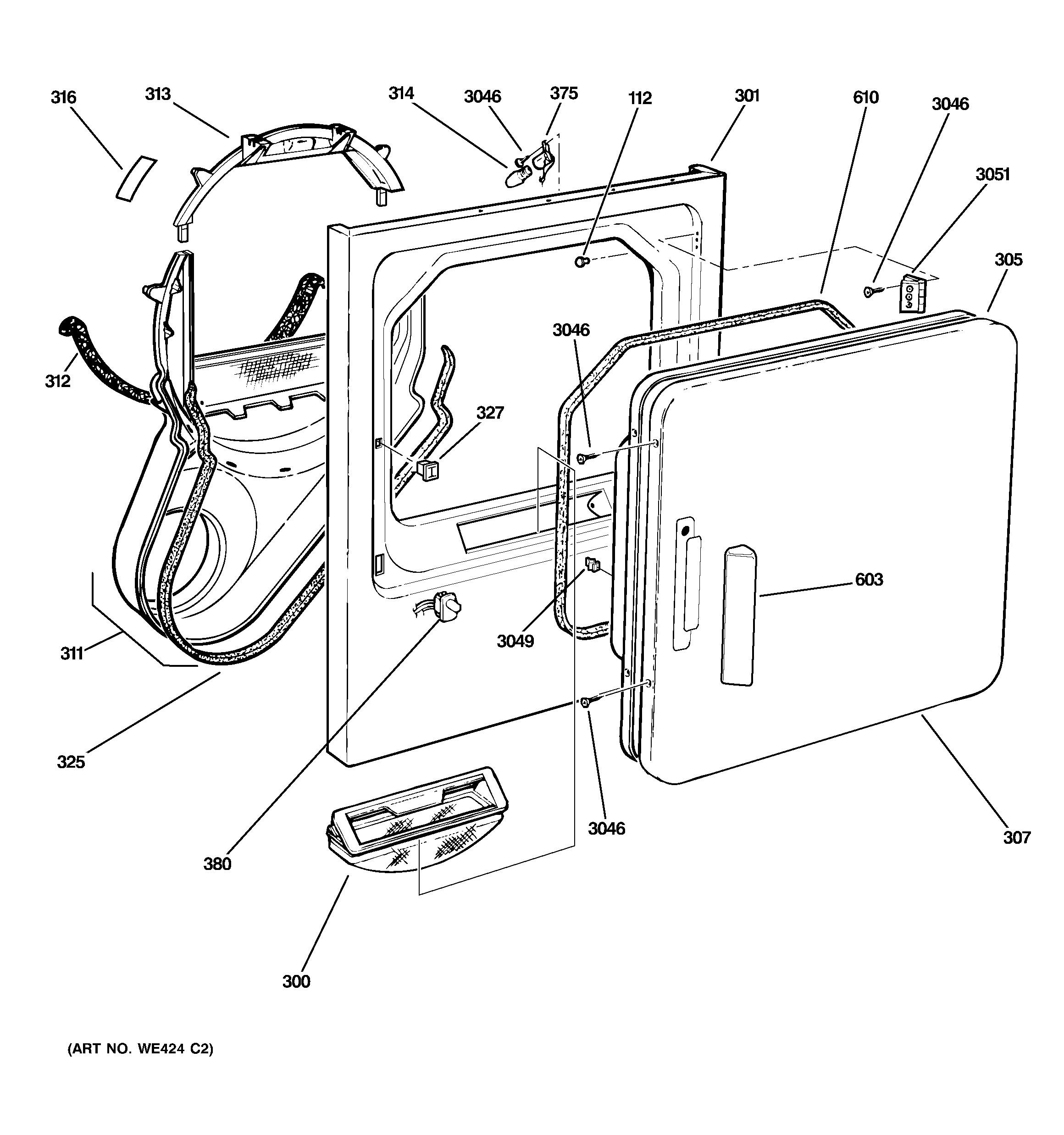 GE DHDSR46EE0WW front panel & door diagram