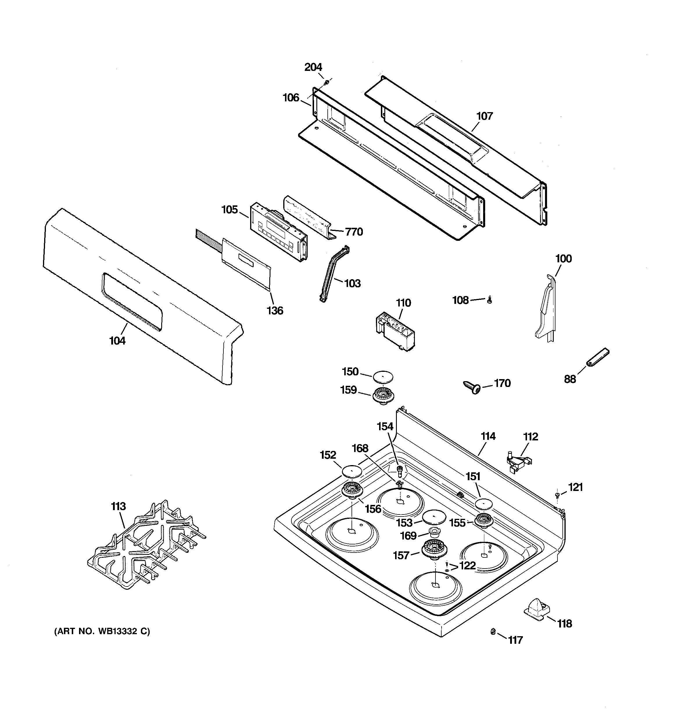 GE JGBP85BEJ1BB control panel & cooktop diagram