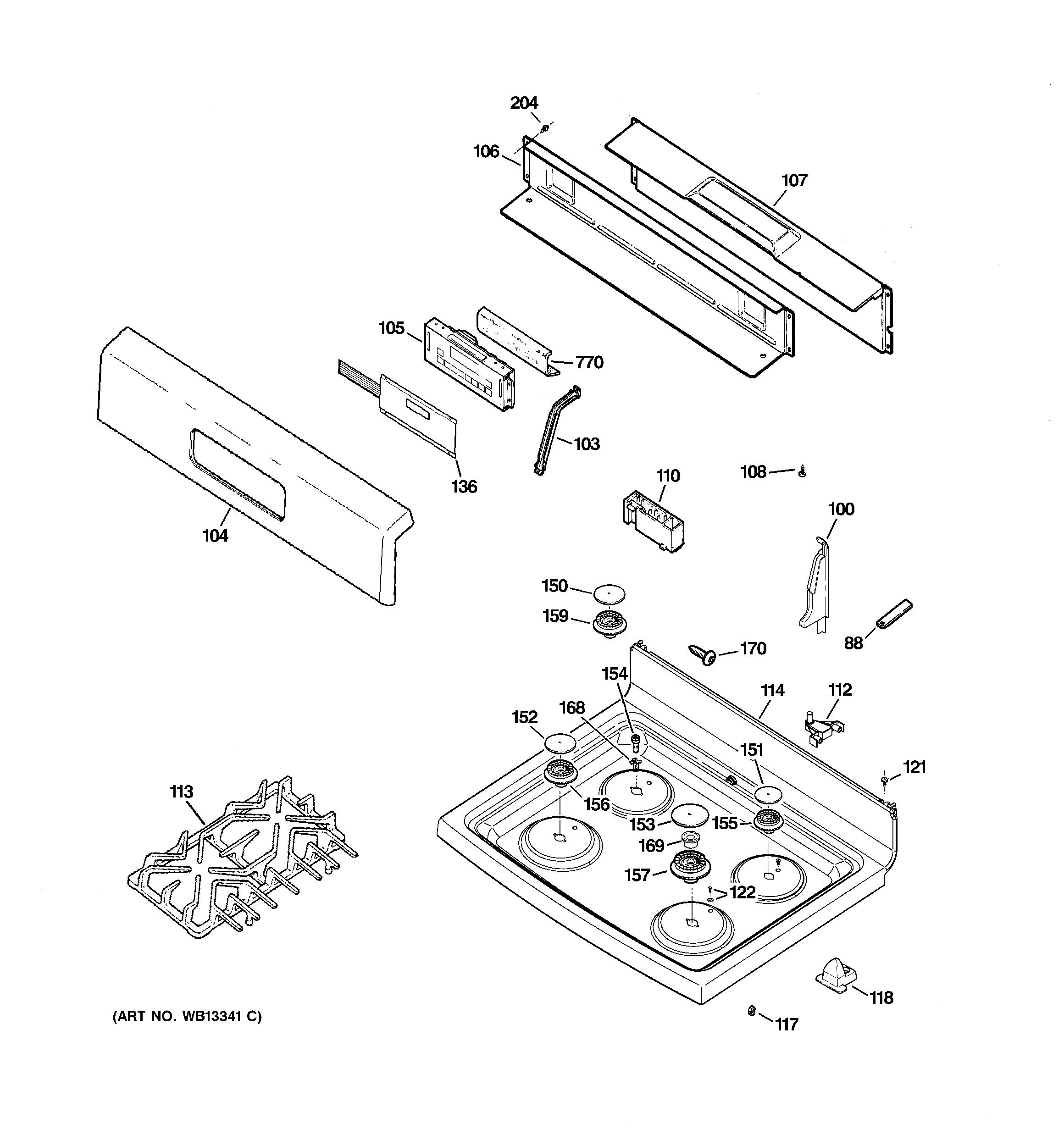 GE JGBP83BEJ1BB control panel & cooktop diagram