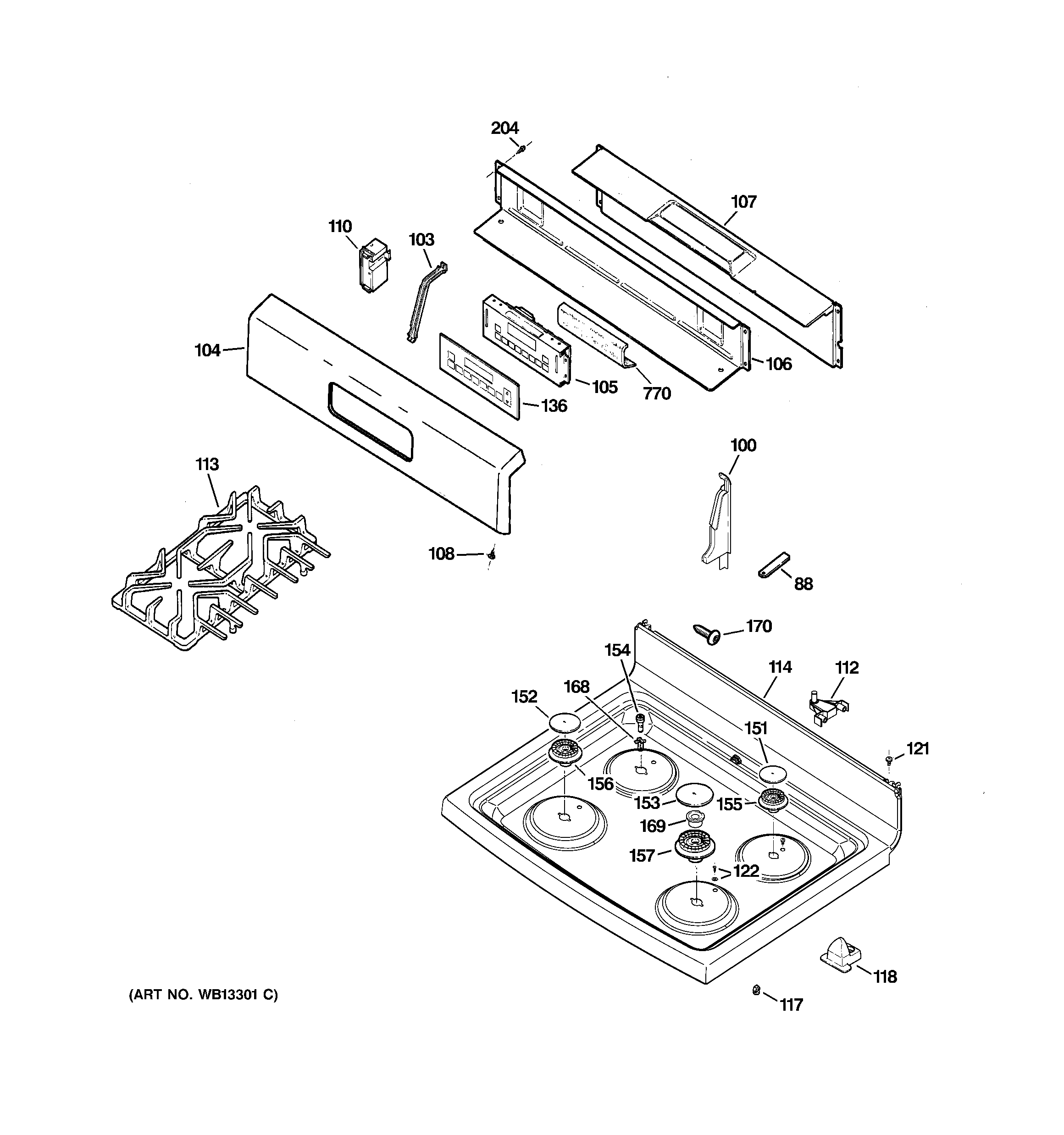GE JGBP35SEJ1SS control panel & cooktop diagram