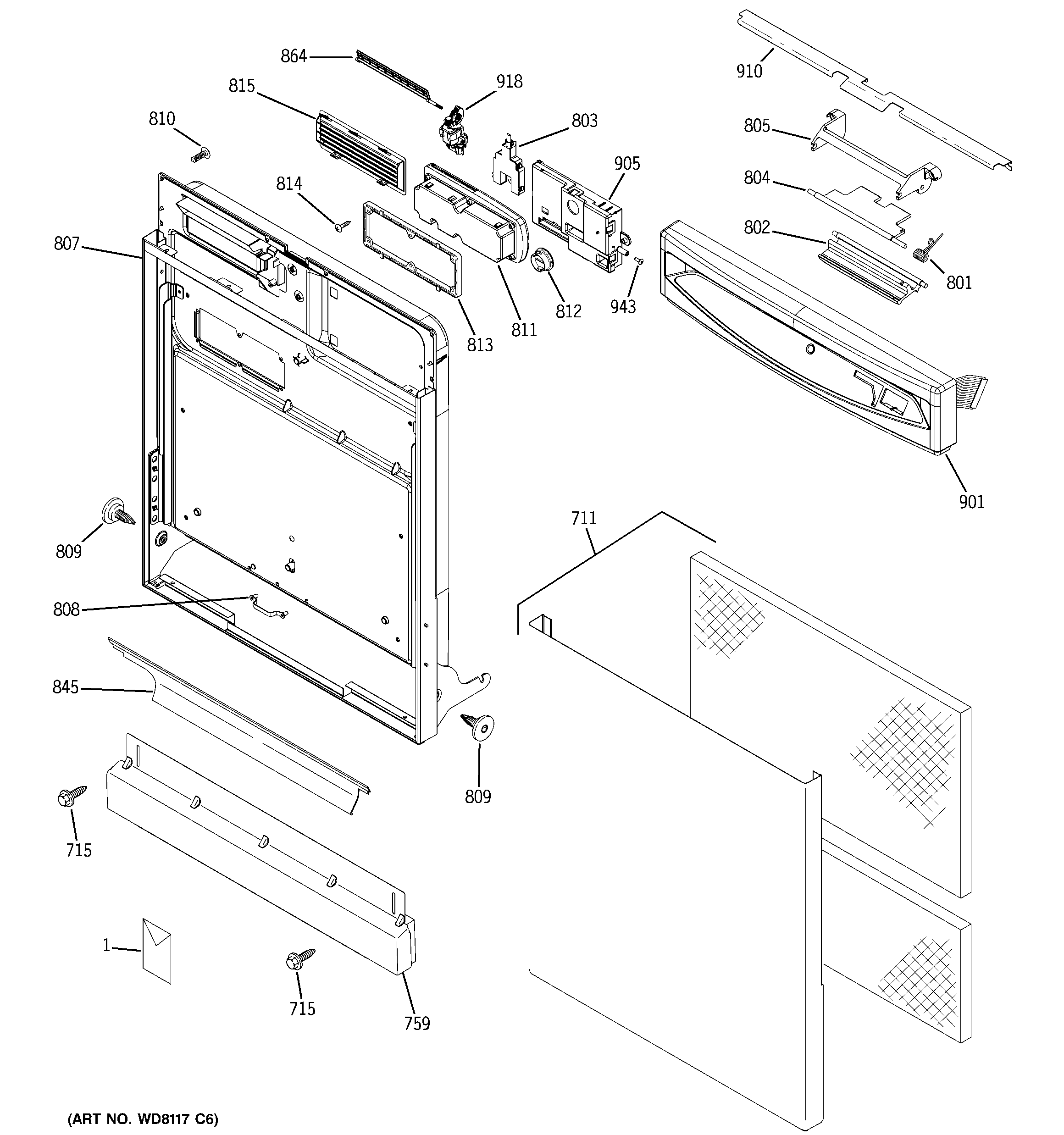 GE EDW4000G03WW escutcheon & door assembly diagram