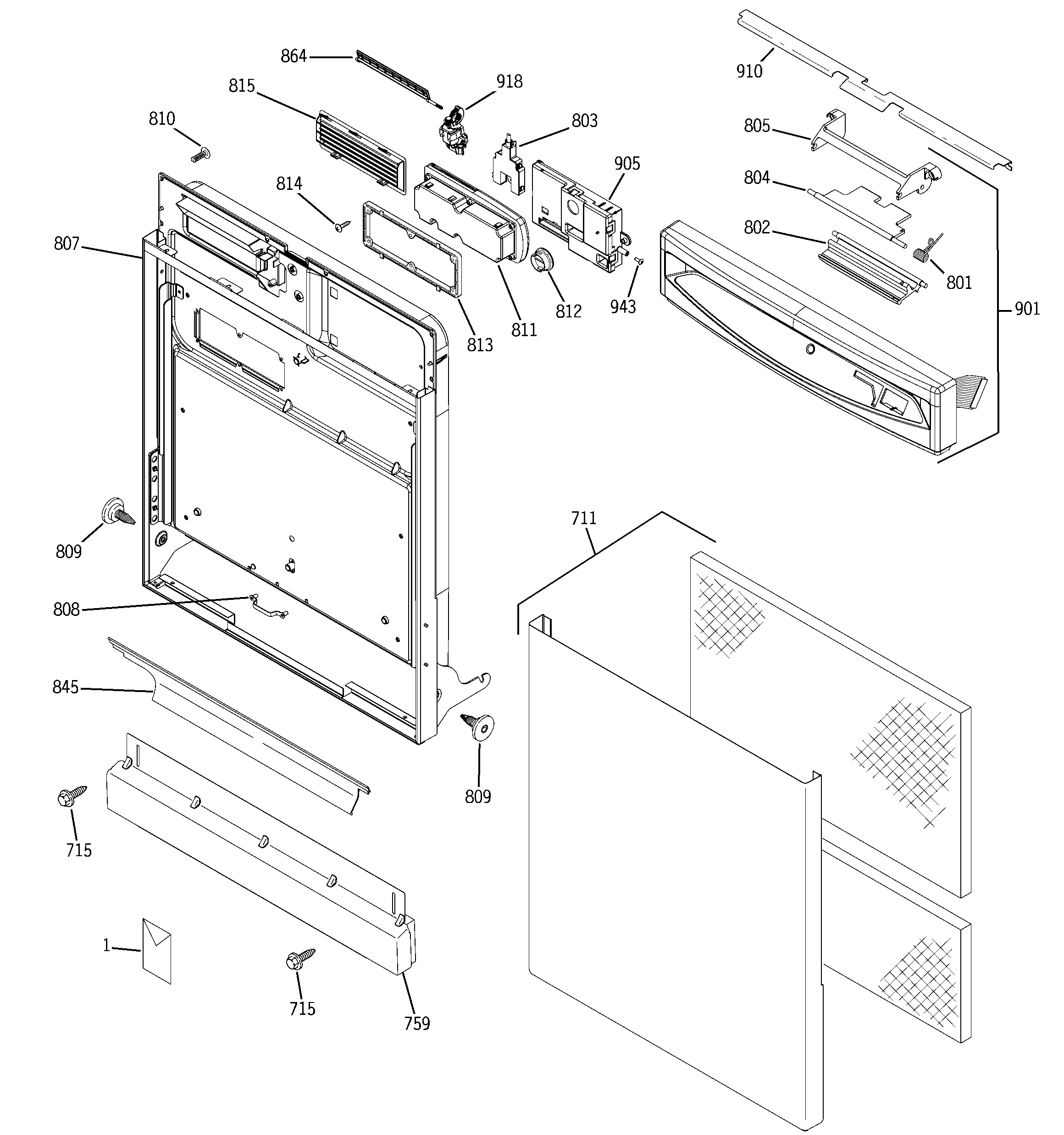GE GSD6100K03CC escutcheon & door assembly diagram