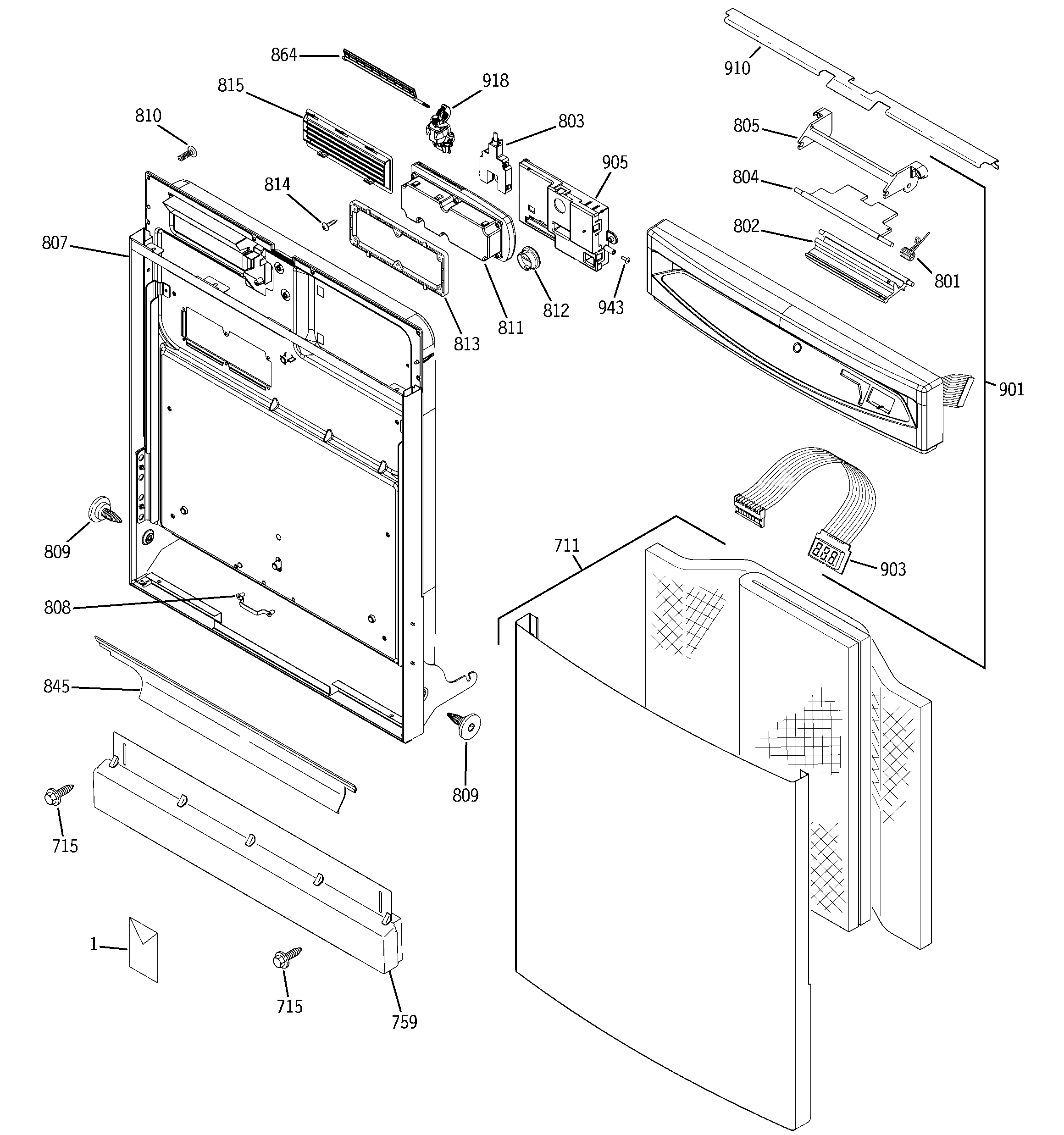 GE GSD6900J03WW escutcheon & door assembly diagram
