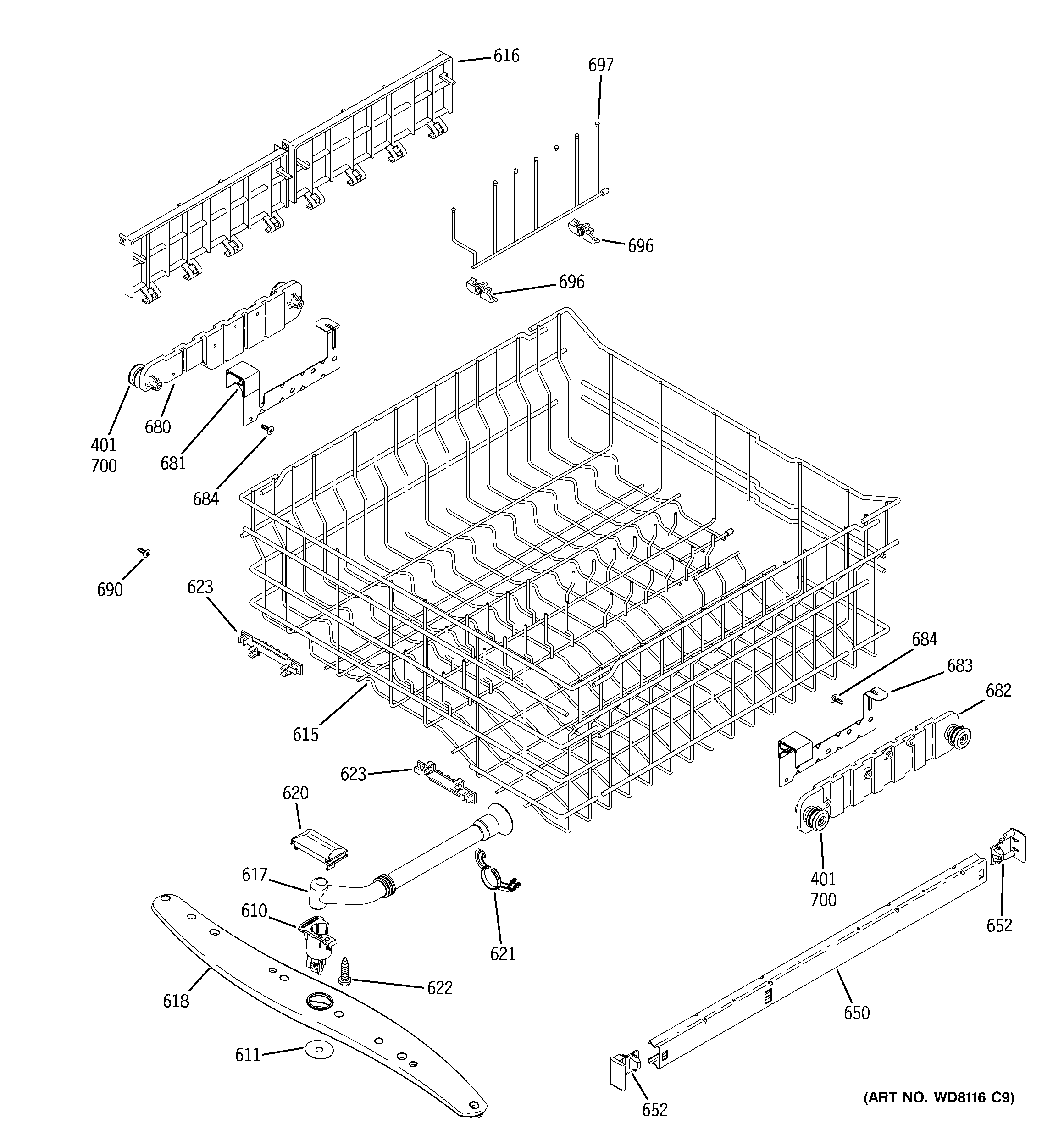GE GSD6900J03WW upper rack assembly diagram