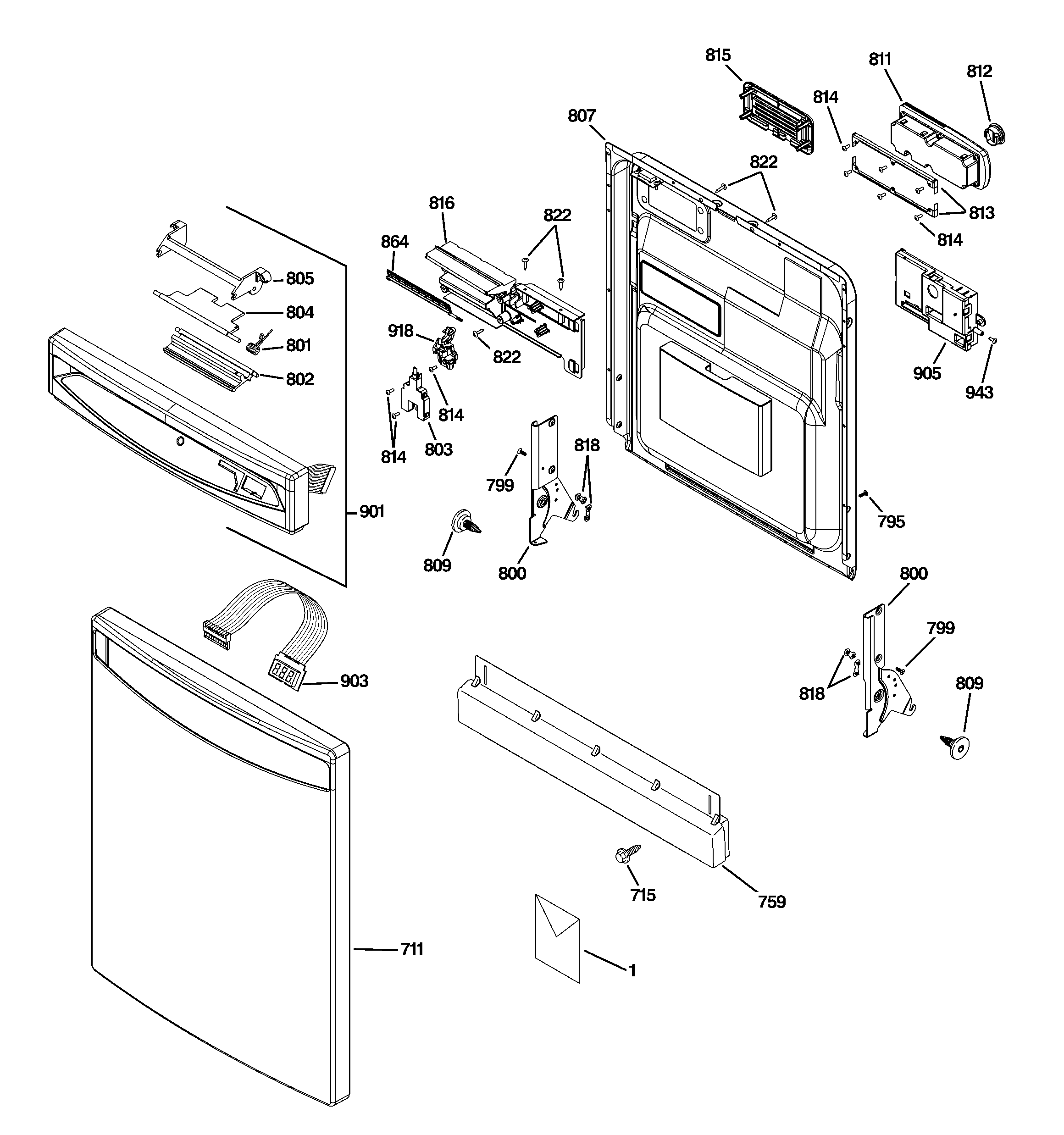 GE PDW8480J03SS escutcheon & door assembly diagram