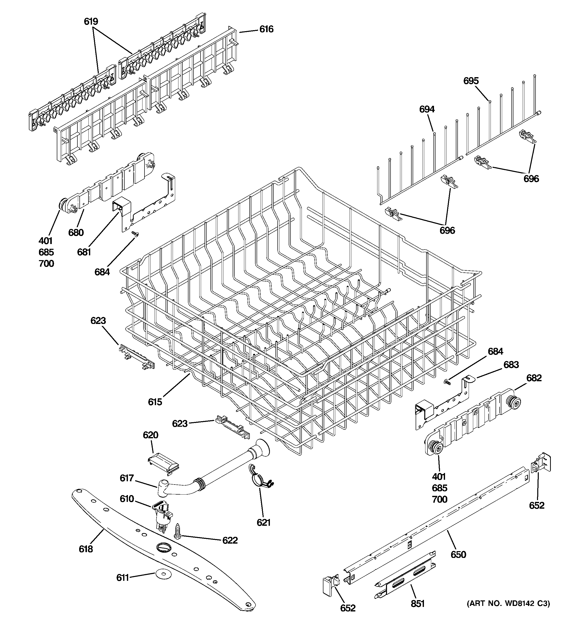 GE PDW8480J03SS upper rack assembly diagram