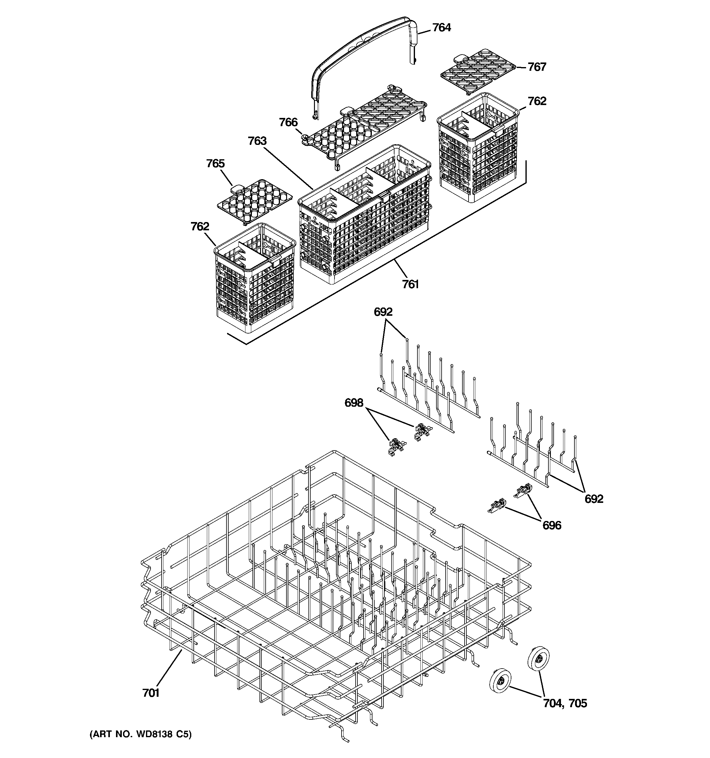 GE PDW8480J03SS lower rack assembly diagram
