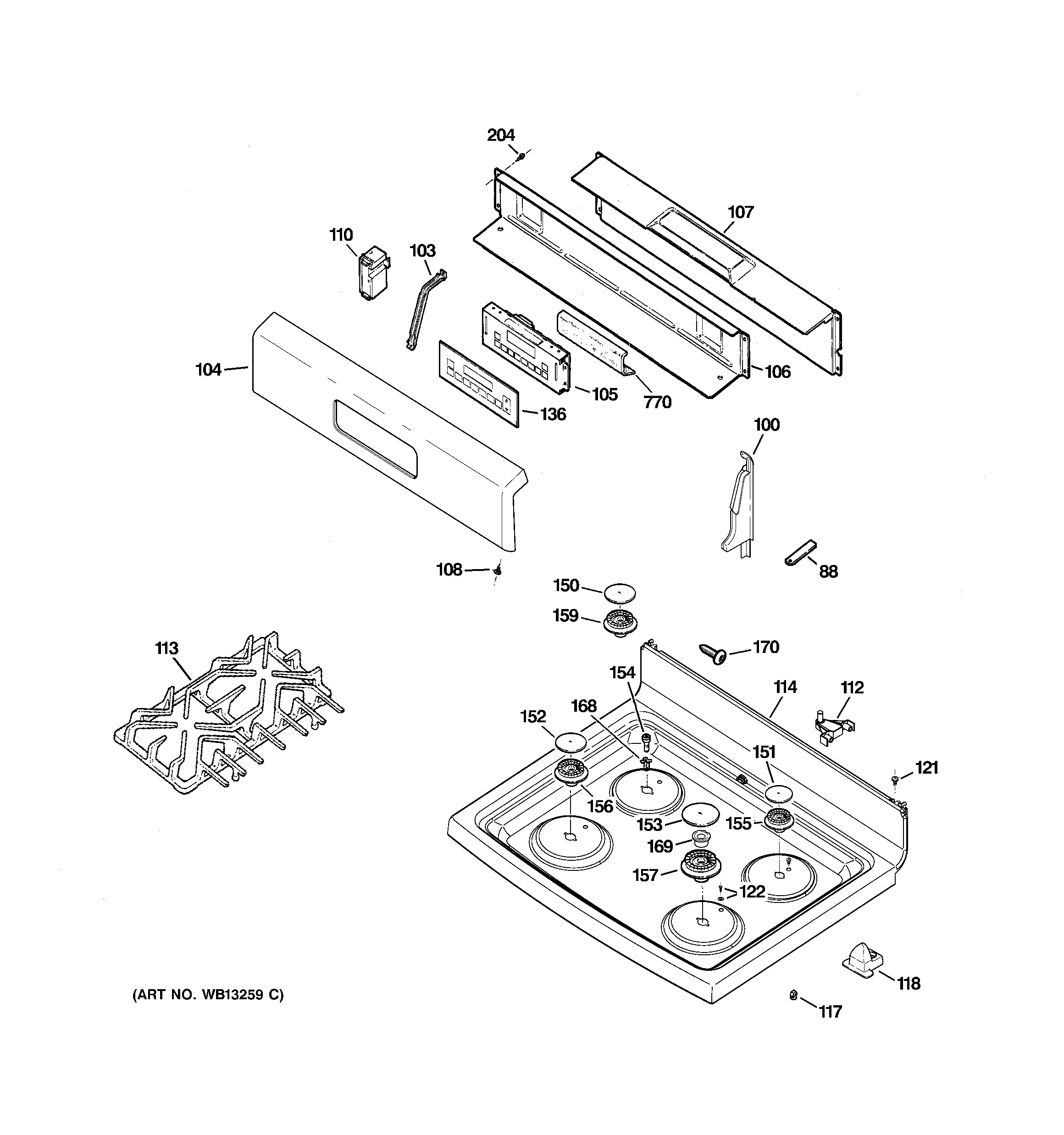 GE JGBP36BEJ1BB control panel & cooktop diagram