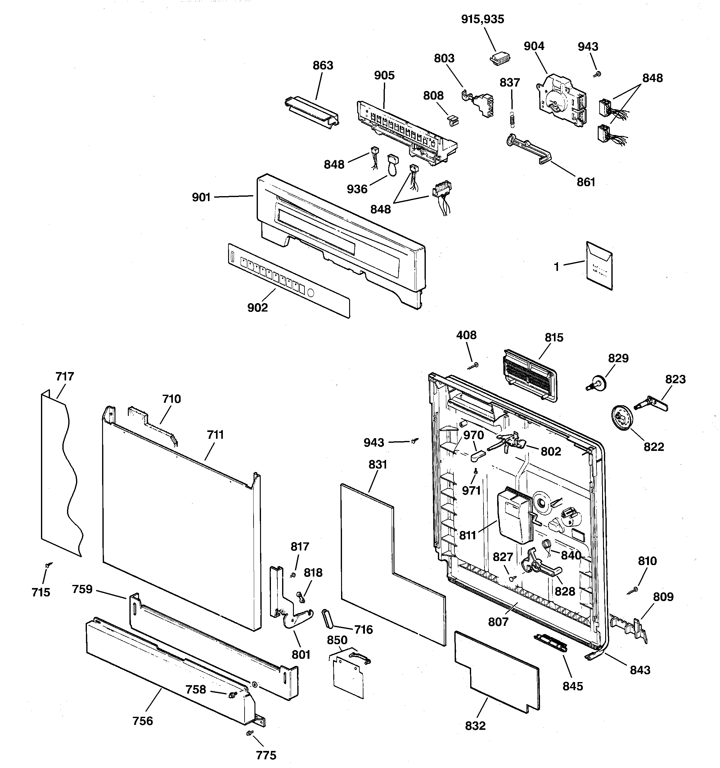 GE GSDL352F00CC escutcheon & door assembly diagram