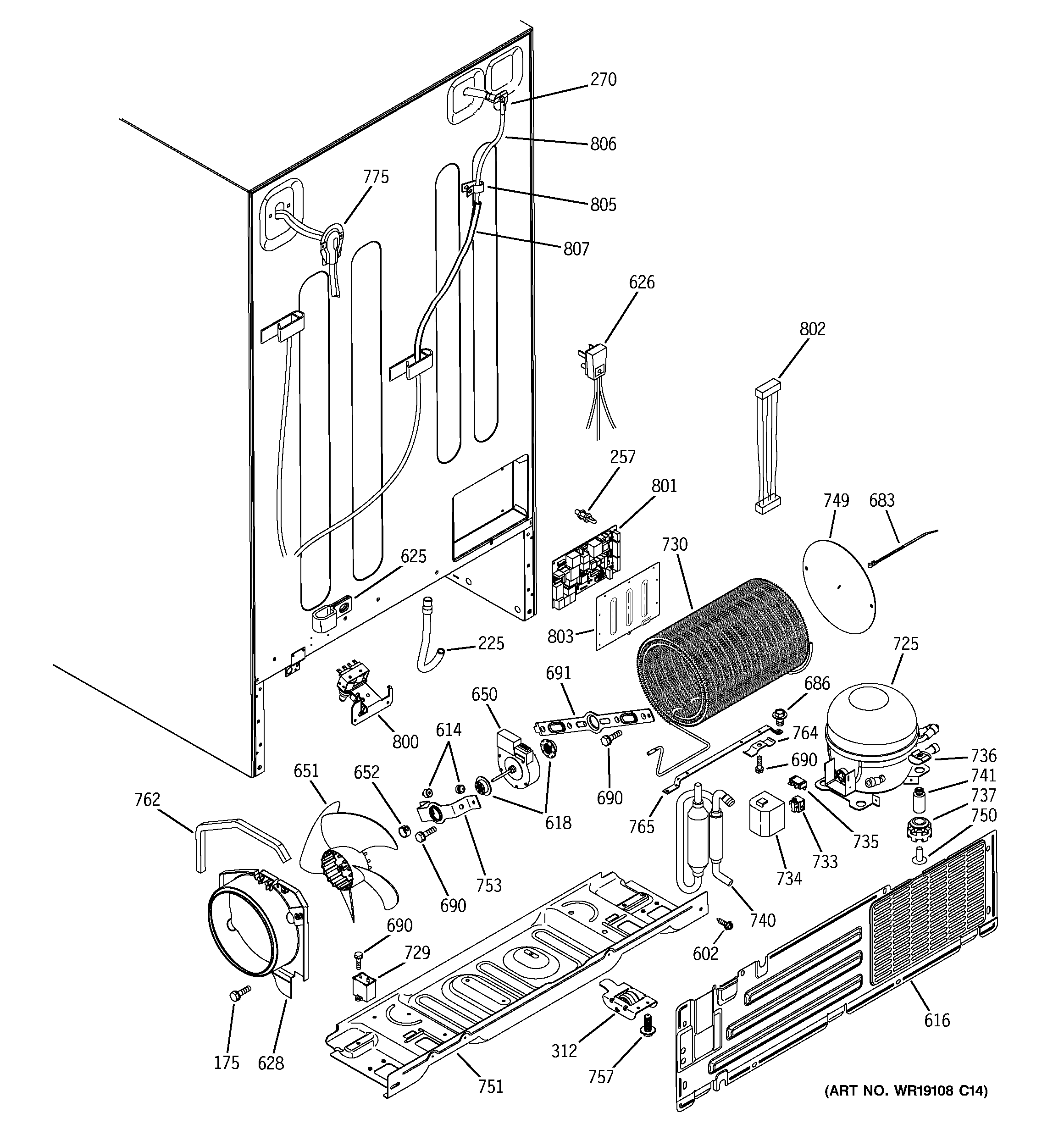 GE PSW26MSRBSS sealed system & mother board diagram