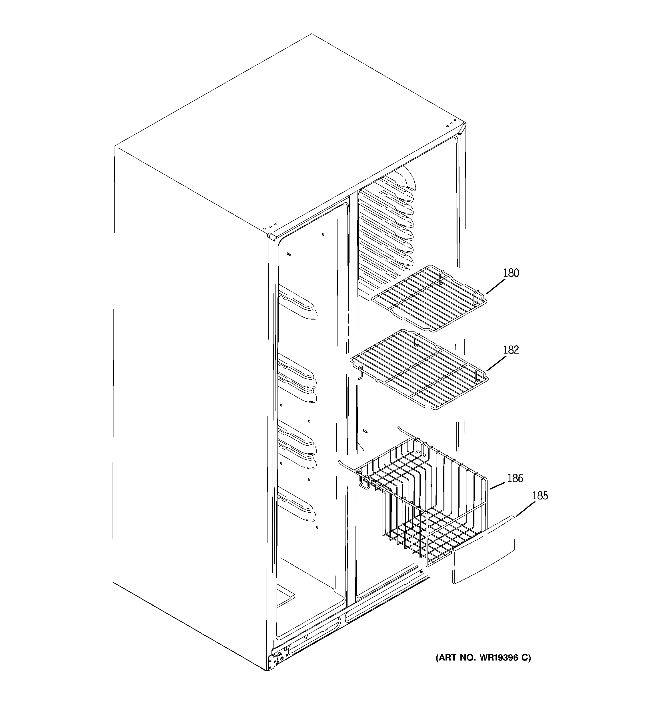 GE GCR23YLRBWW freezer shelves diagram