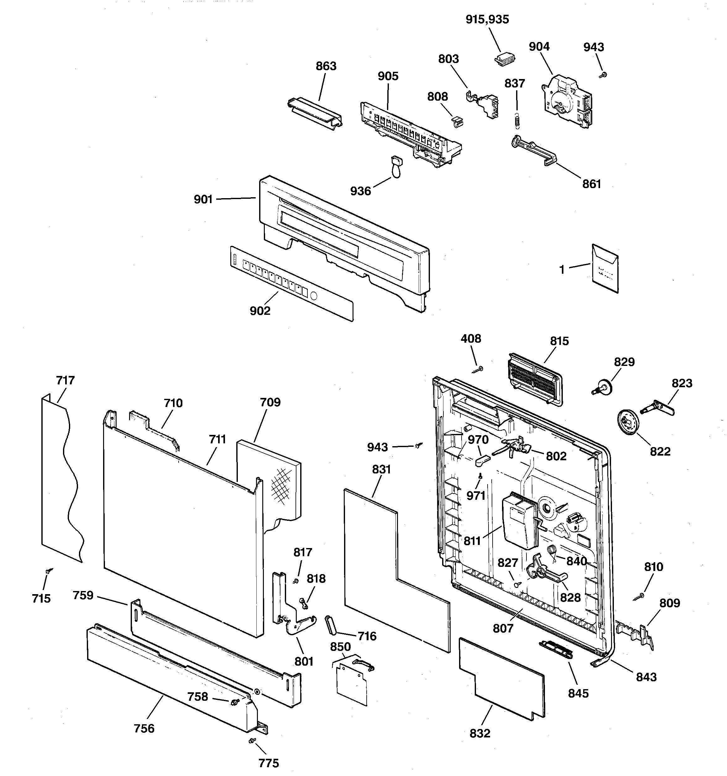 GE GSDL332F01WW escutcheon & door assembly diagram
