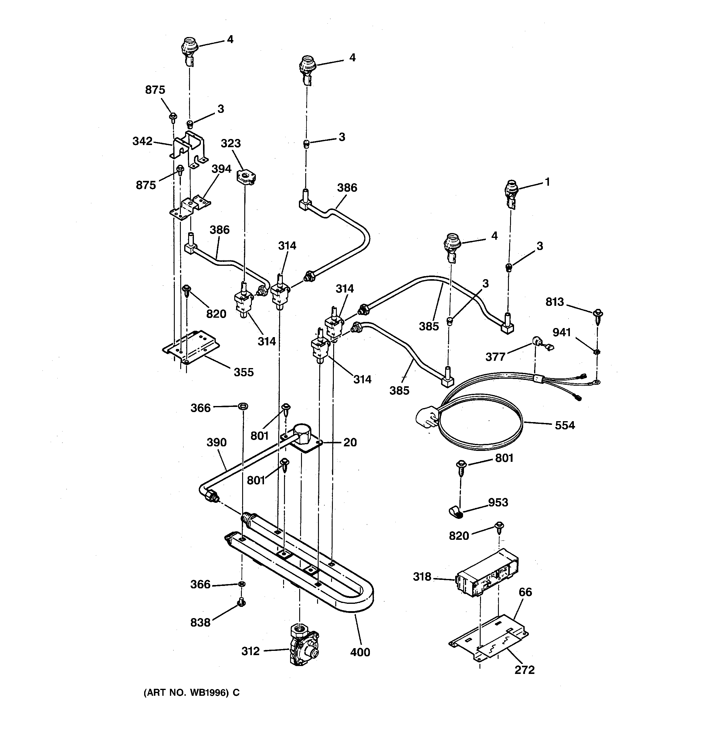 GE JGP626BEV1BB gas & burner parts diagram