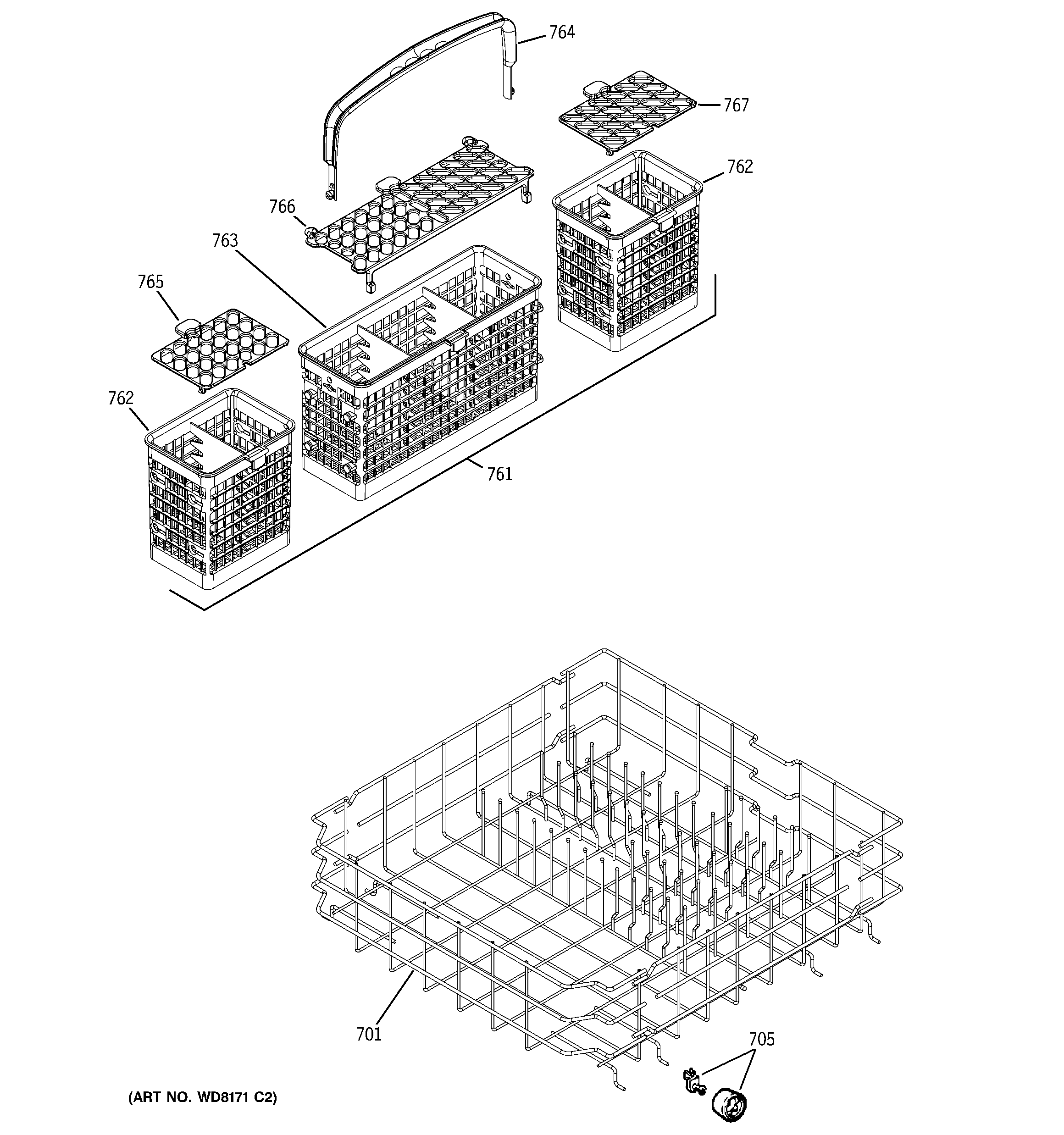 GE GHDA654L15BG lower rack assembly diagram