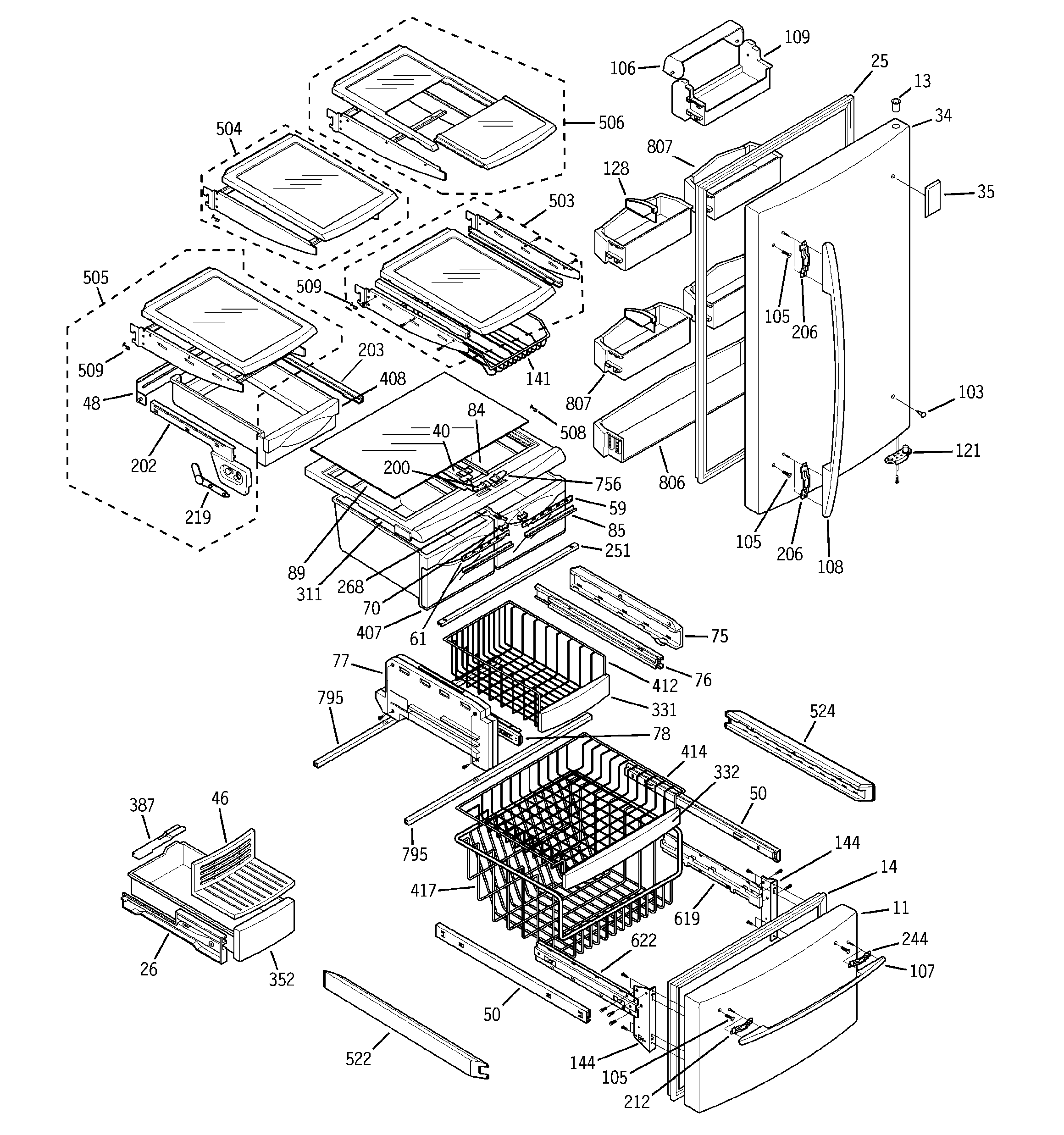 GE PDS22MHRABB doors & shelves diagram