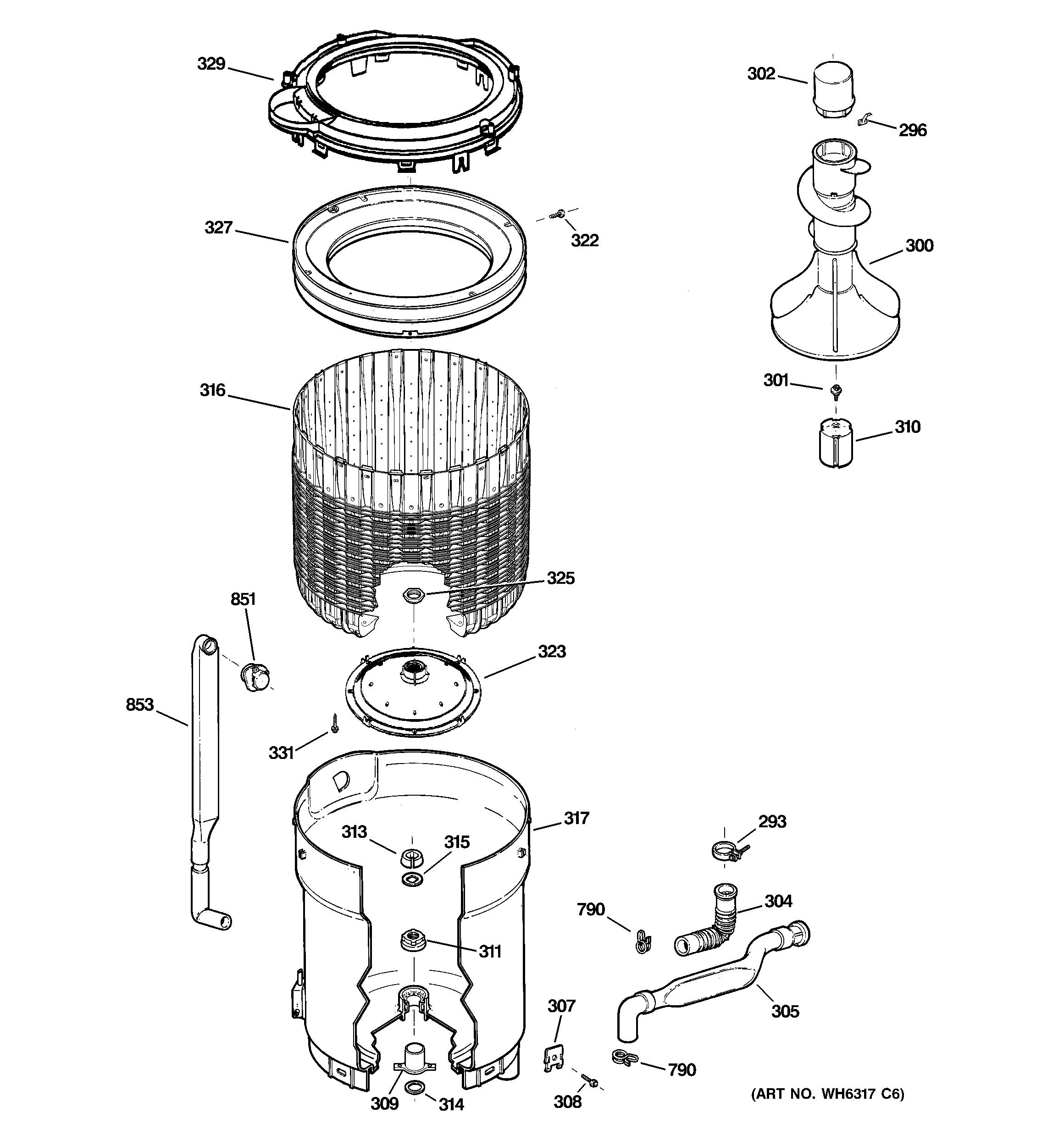 GE WCCB1030F3WC tub, basket & agitator diagram